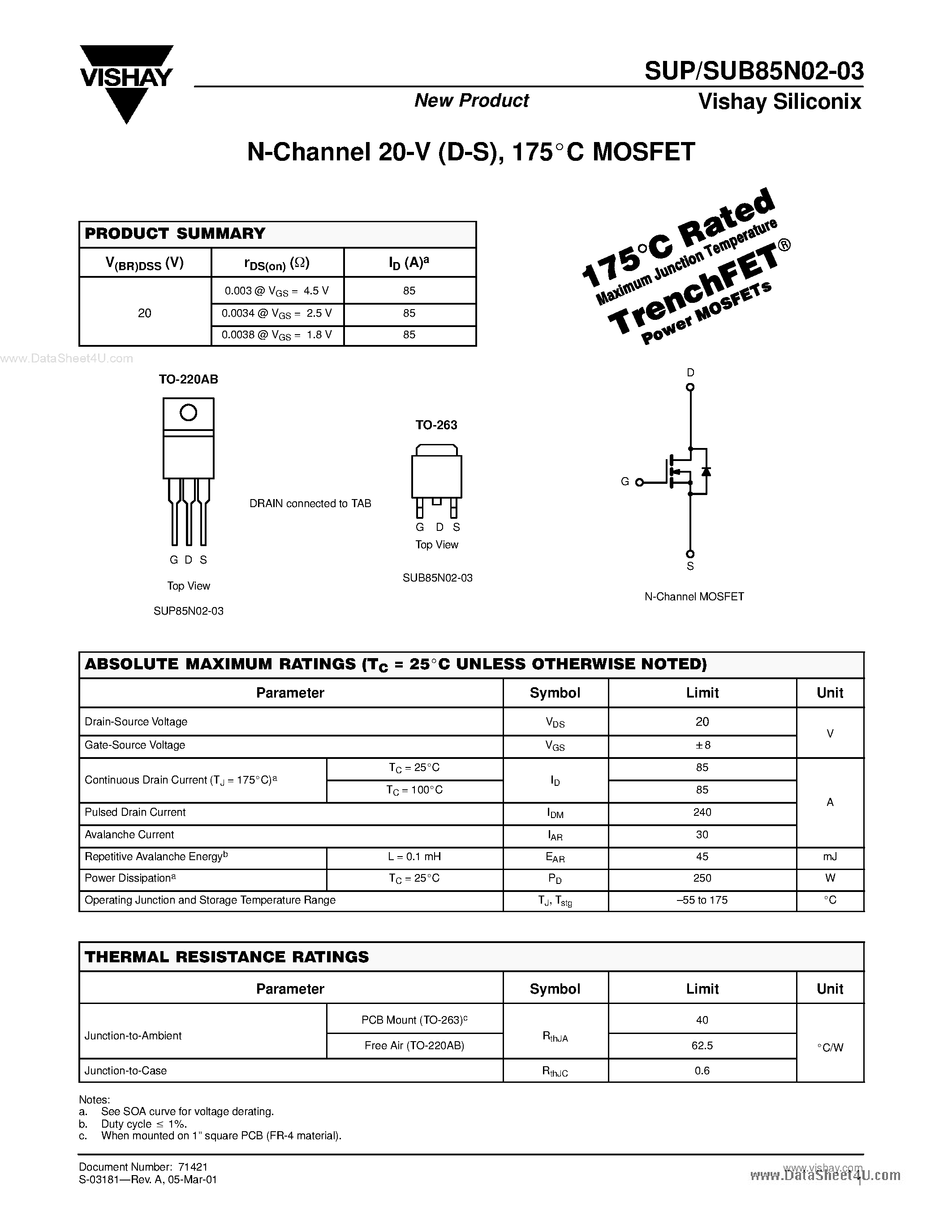 Даташит SUB85N02-03 - N-channel 20-V (D-S) 175C MOSFET страница 1