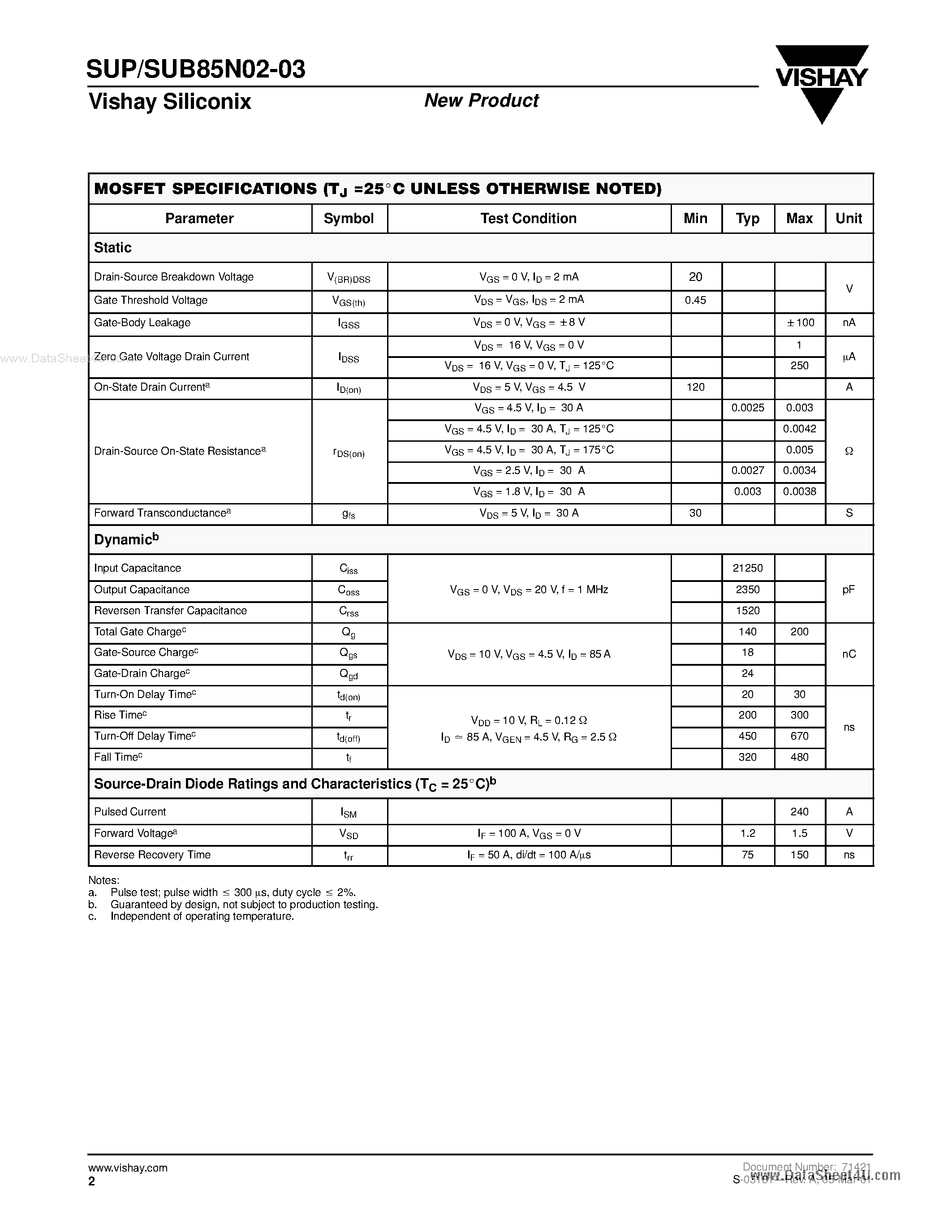 Даташит SUB85N02-03 - N-channel 20-V (D-S) 175C MOSFET страница 2