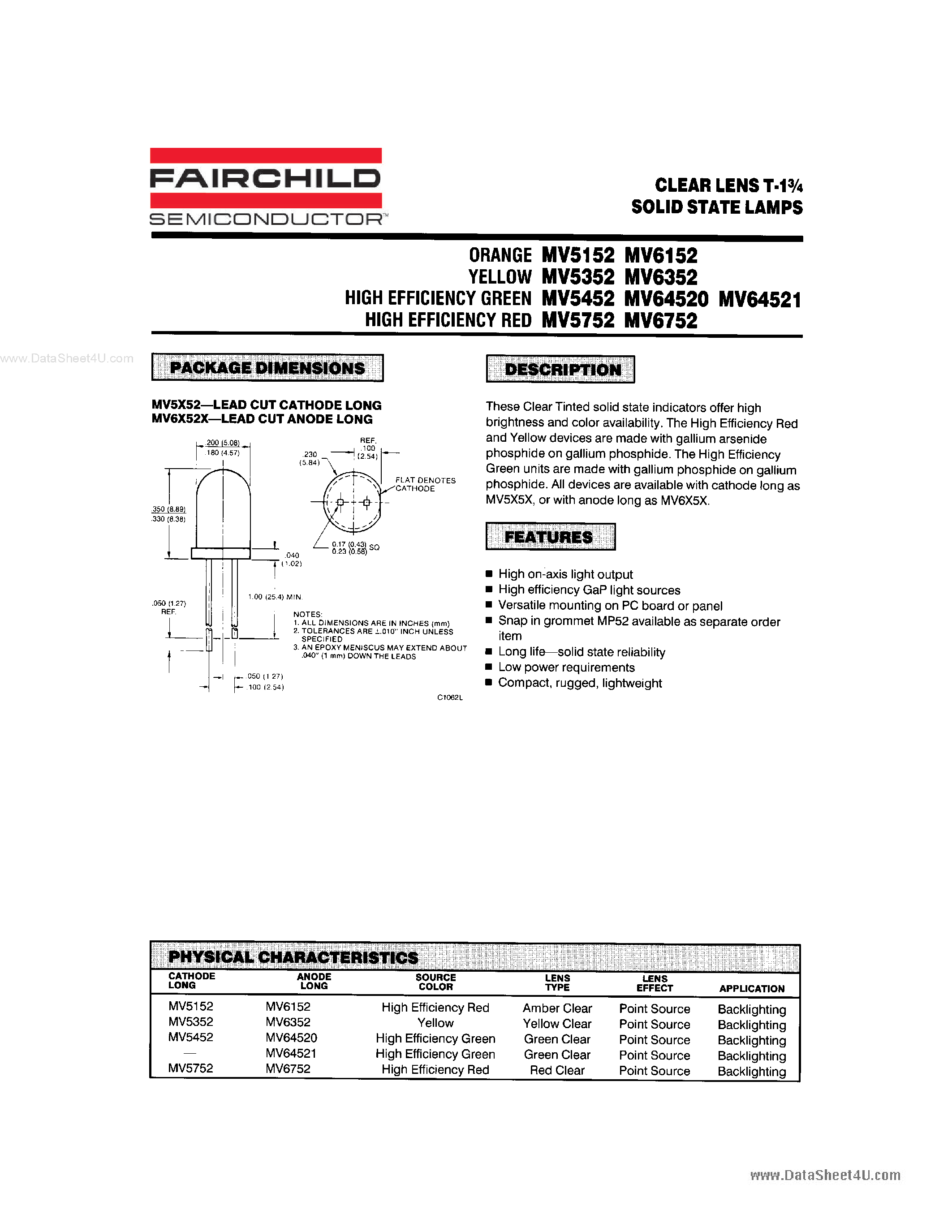 Datasheet MV5152 - (MV5x52) SOLID STATE LAMPS page 1
