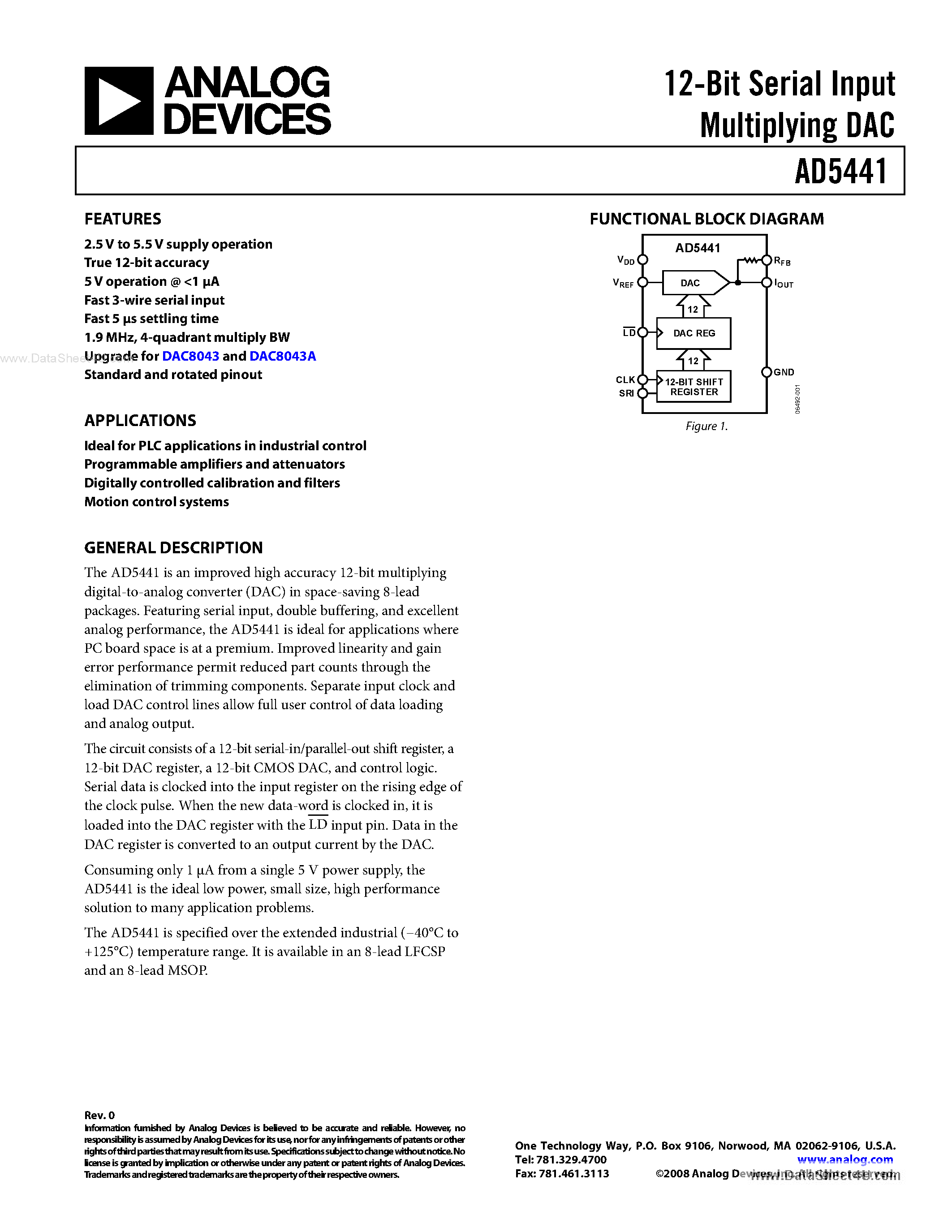 Datasheet AD5441 page 1 Datasheet AD5441 - 12-Bit Serial Input Multiplying DAC page 1