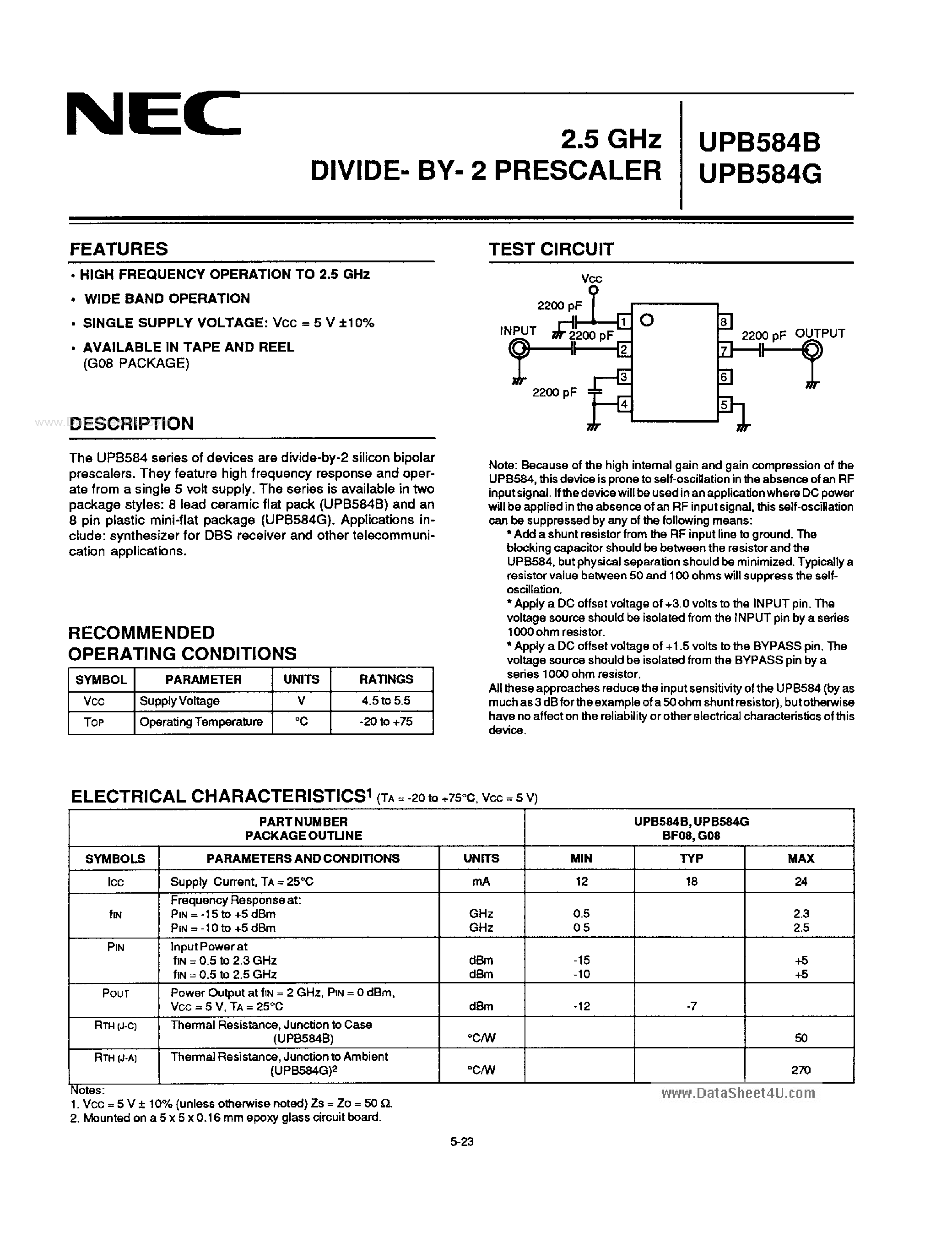 Datasheet UPB584B - 2.5GHz DIVIDE-BY-2 PRESCALER page 1