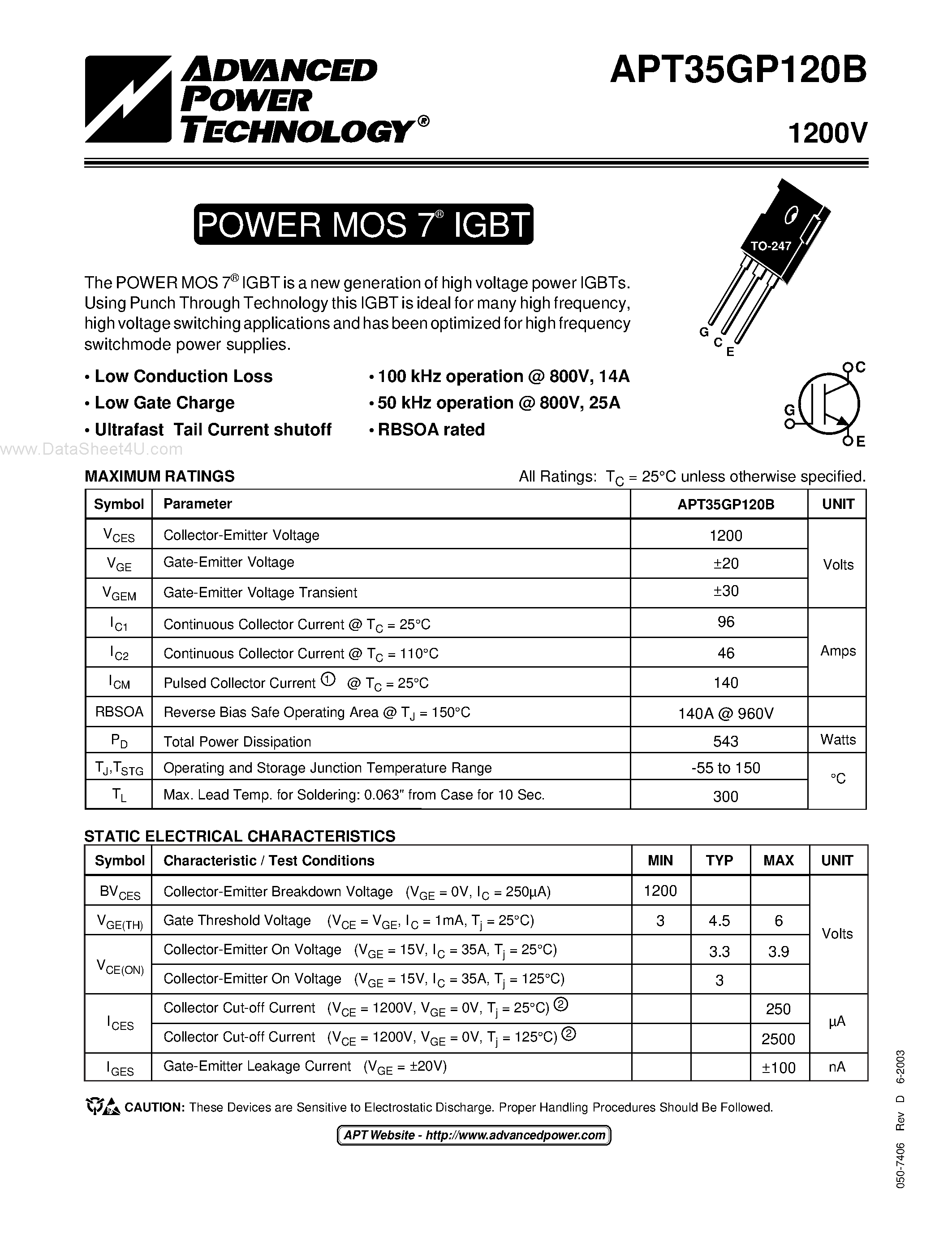Datasheet APT35GP120B - POWER MOS 7 IGBT page 1