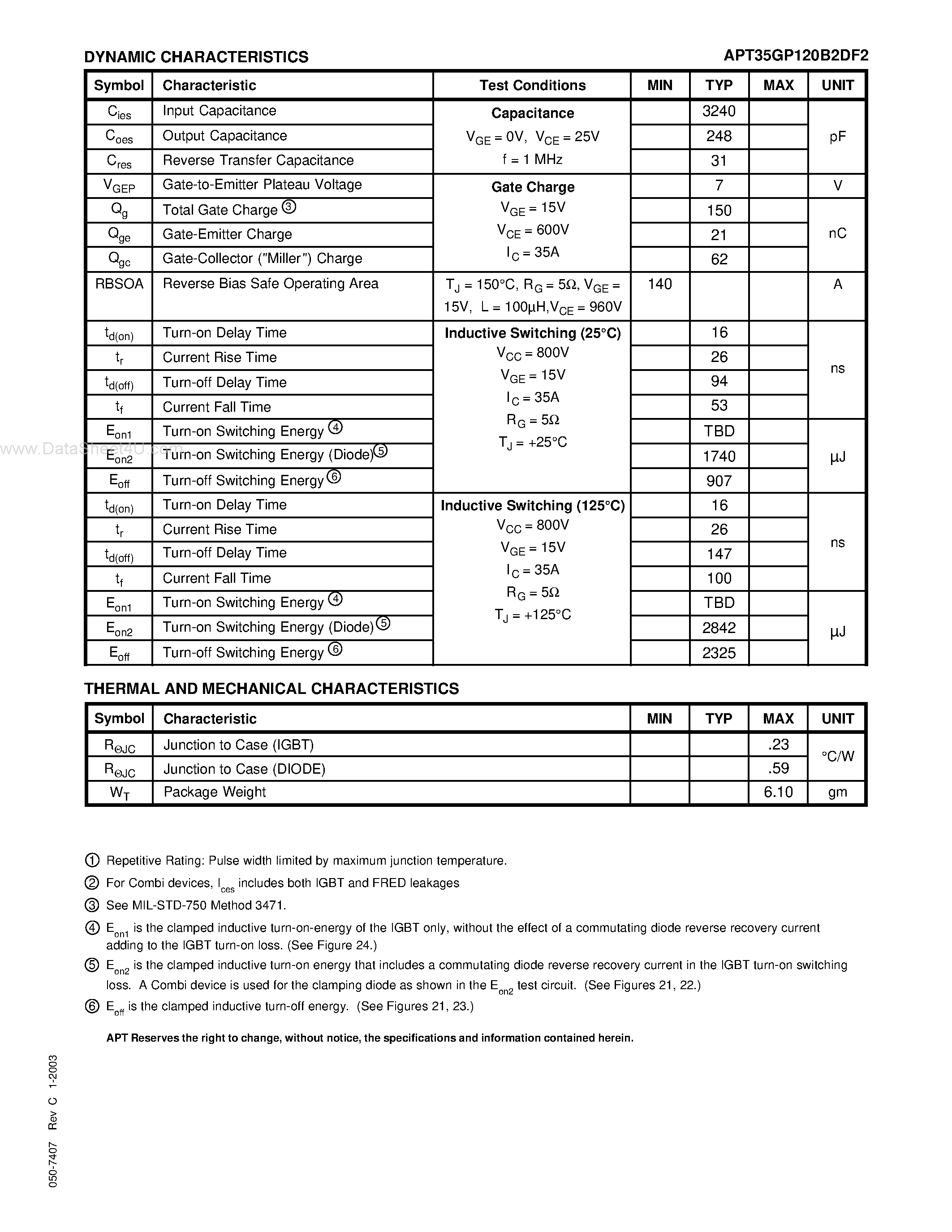 Datasheet APT35GP120B2DF2 page 2 Datasheet APT35GP120B2DF2 - Power MOS 7 IGBT page 2
