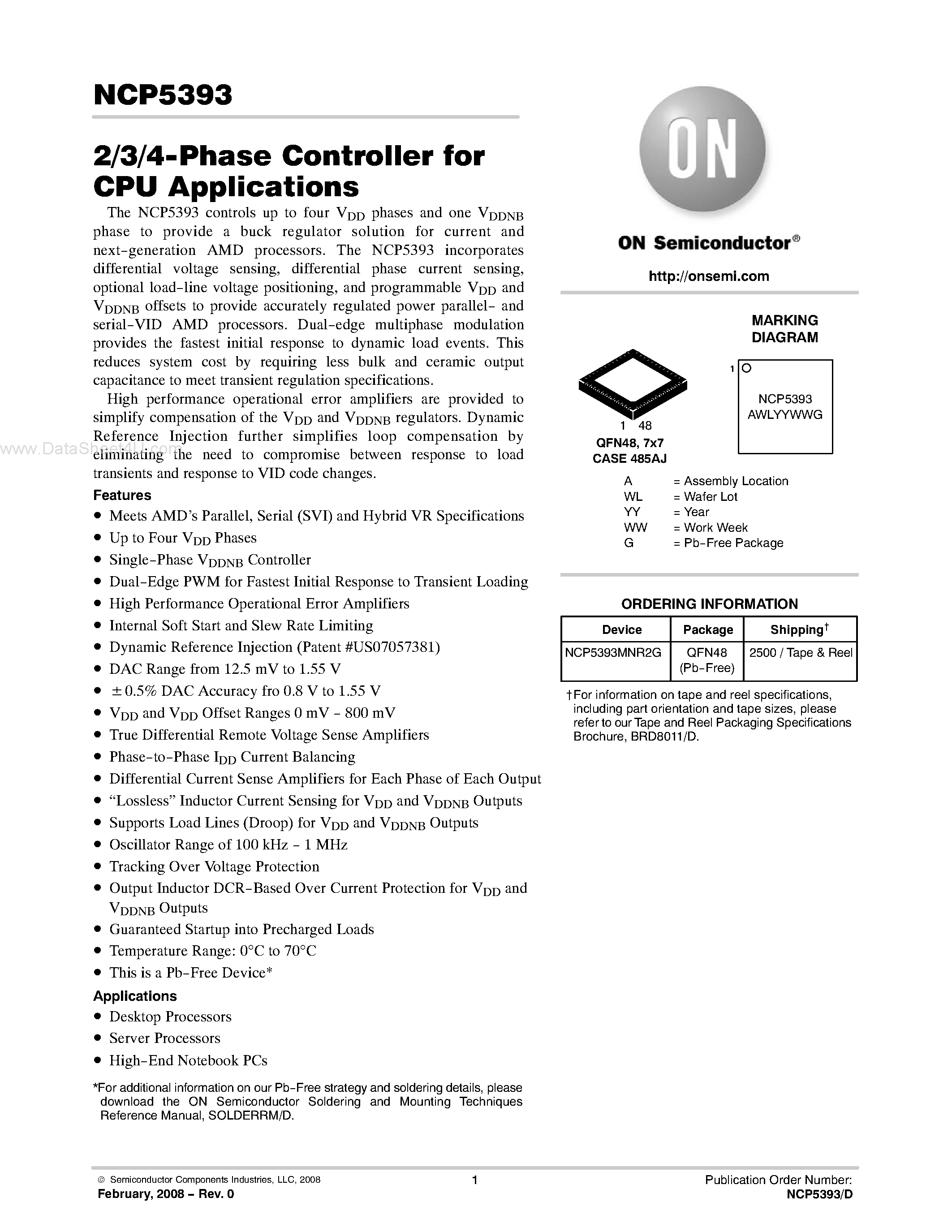 Datasheet NCP5393 - 2/3/4-Phase Controller page 1