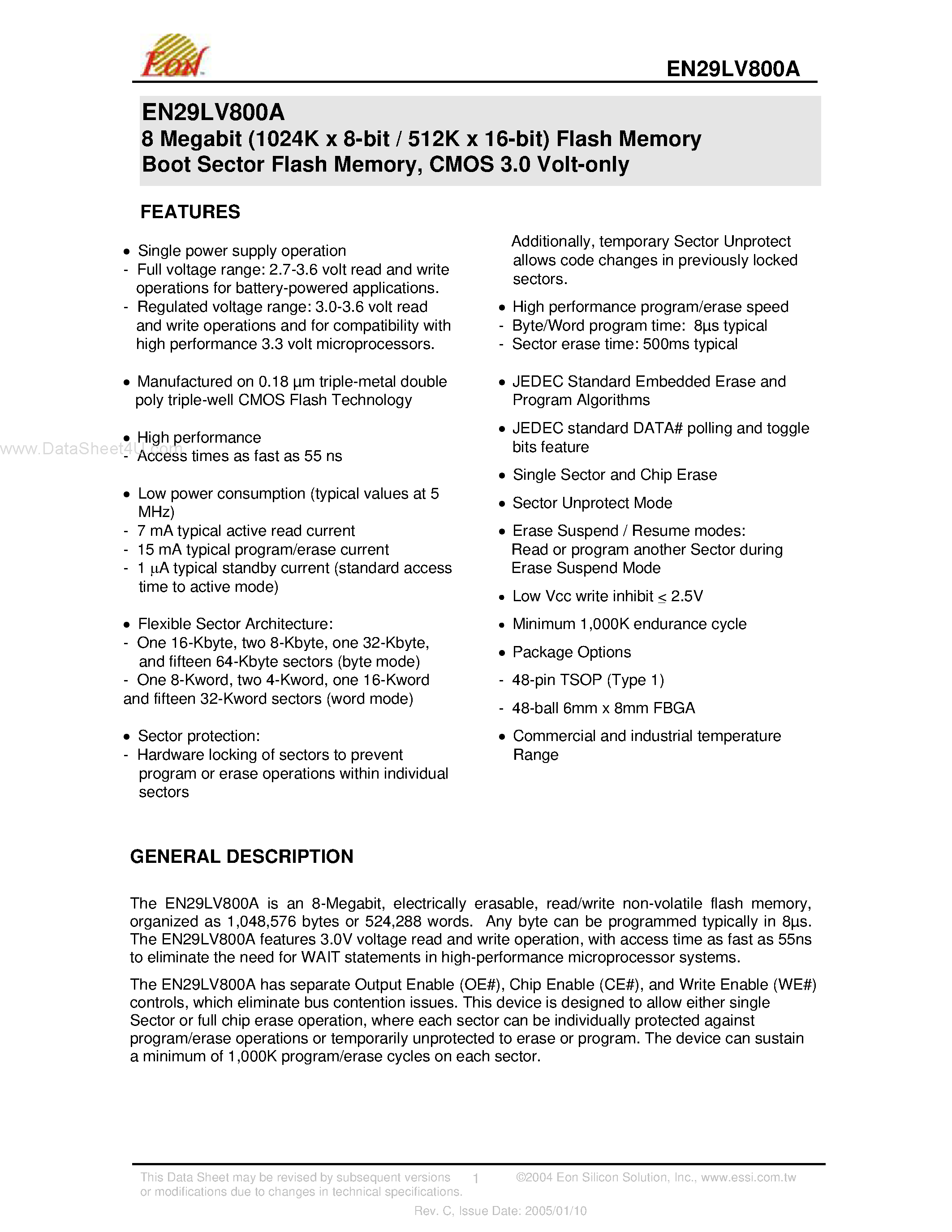 Datasheet EN29LV800A - 8 Megabit (1024K x 8-bit / 512K x 16-bit) Flash Memory Boot Sector Flash Memory page 1