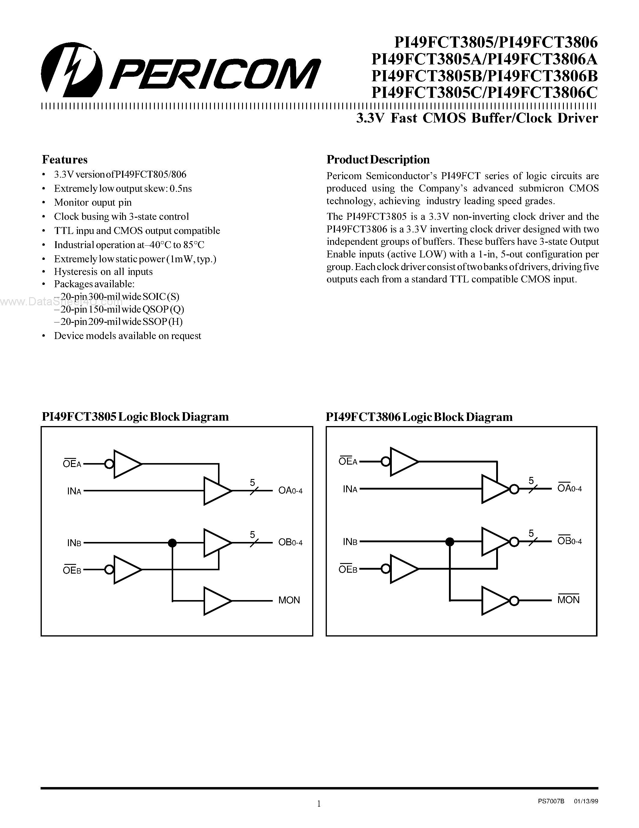 Datasheet PI49FCT3805 - 3.3V Fast CMOS Buffer/Clock Driver page 1