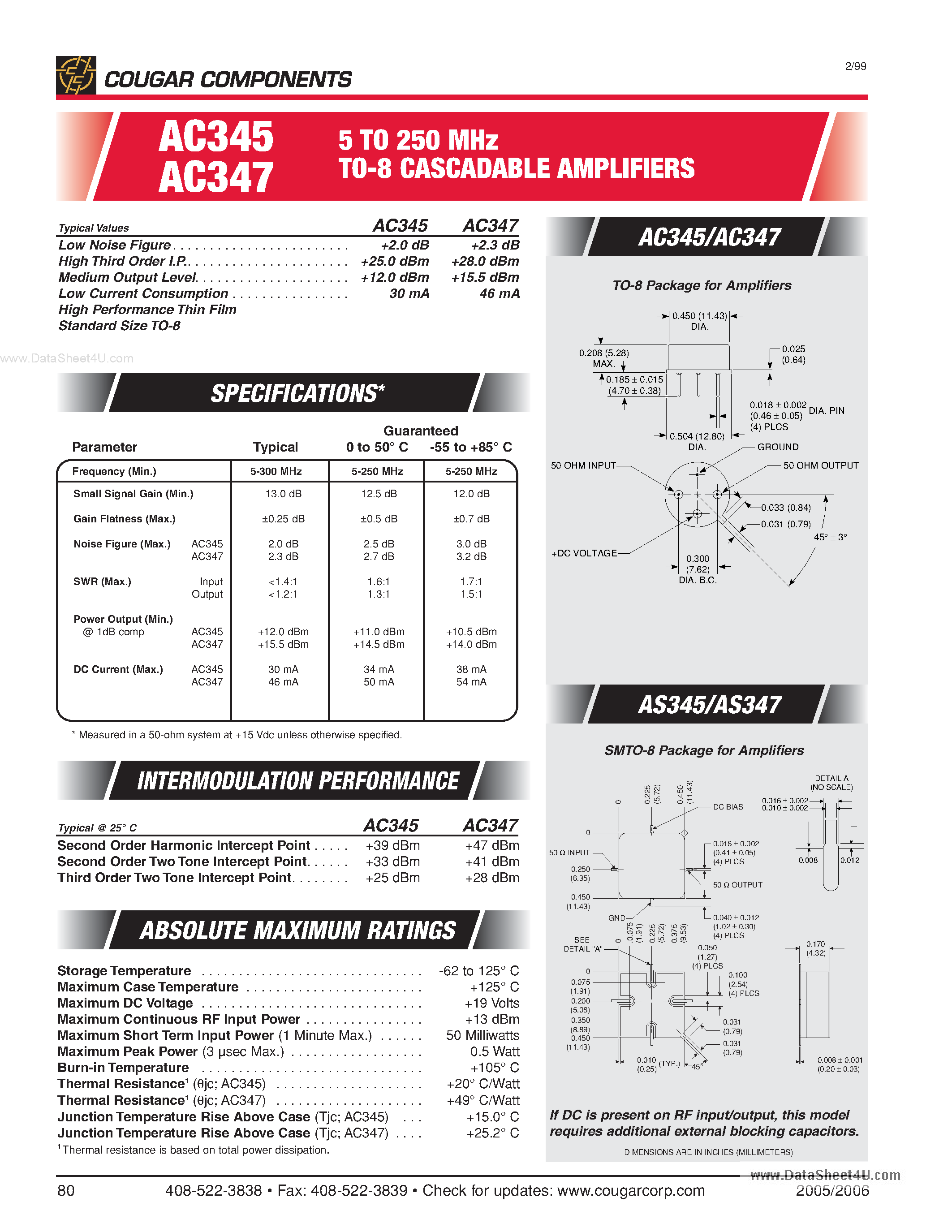 Datasheet AC345 - (AC345 / AC347) 5 TO 250 MHz TO-8 CASCADABLE AMPLIFIERS page 1