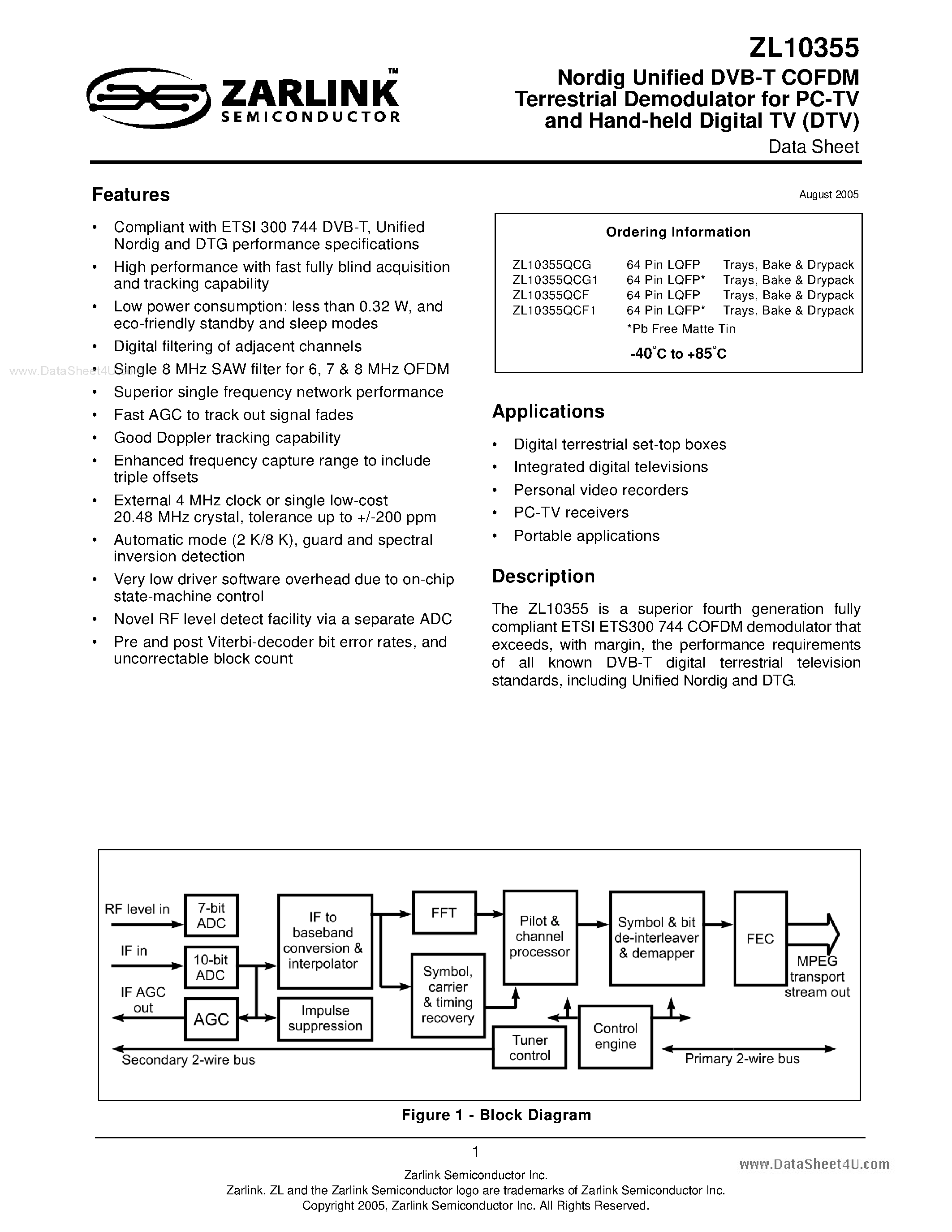 Даташит на микросхему ZL10355 страница 1 Даташит ZL10355 - Nordig Unified DVB-T COFDM Terrestrial Demodulator страница 1