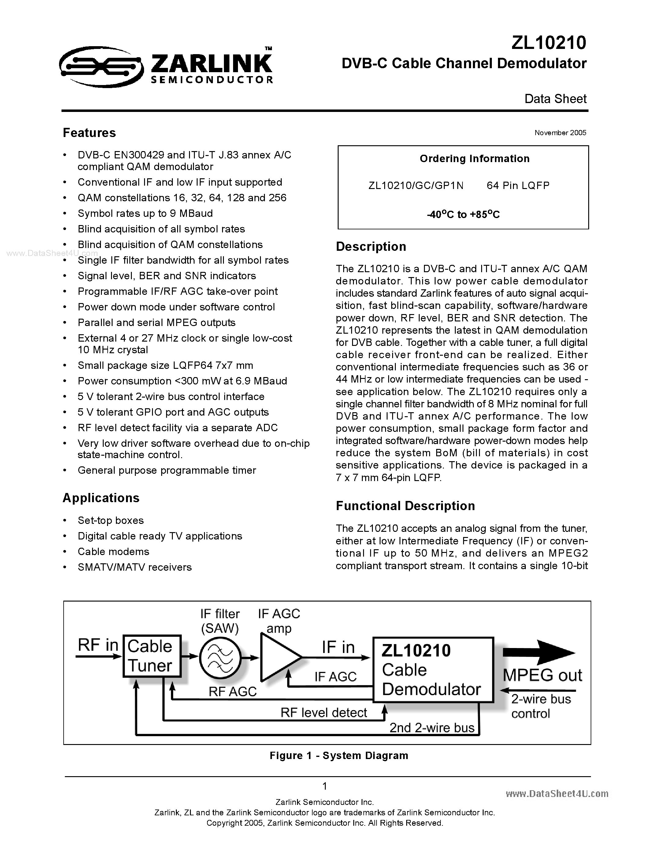 Даташит на микросхему ZL10210 страница 1 Даташит ZL10210 - DVB-C Cable Channel Demodulator страница 1