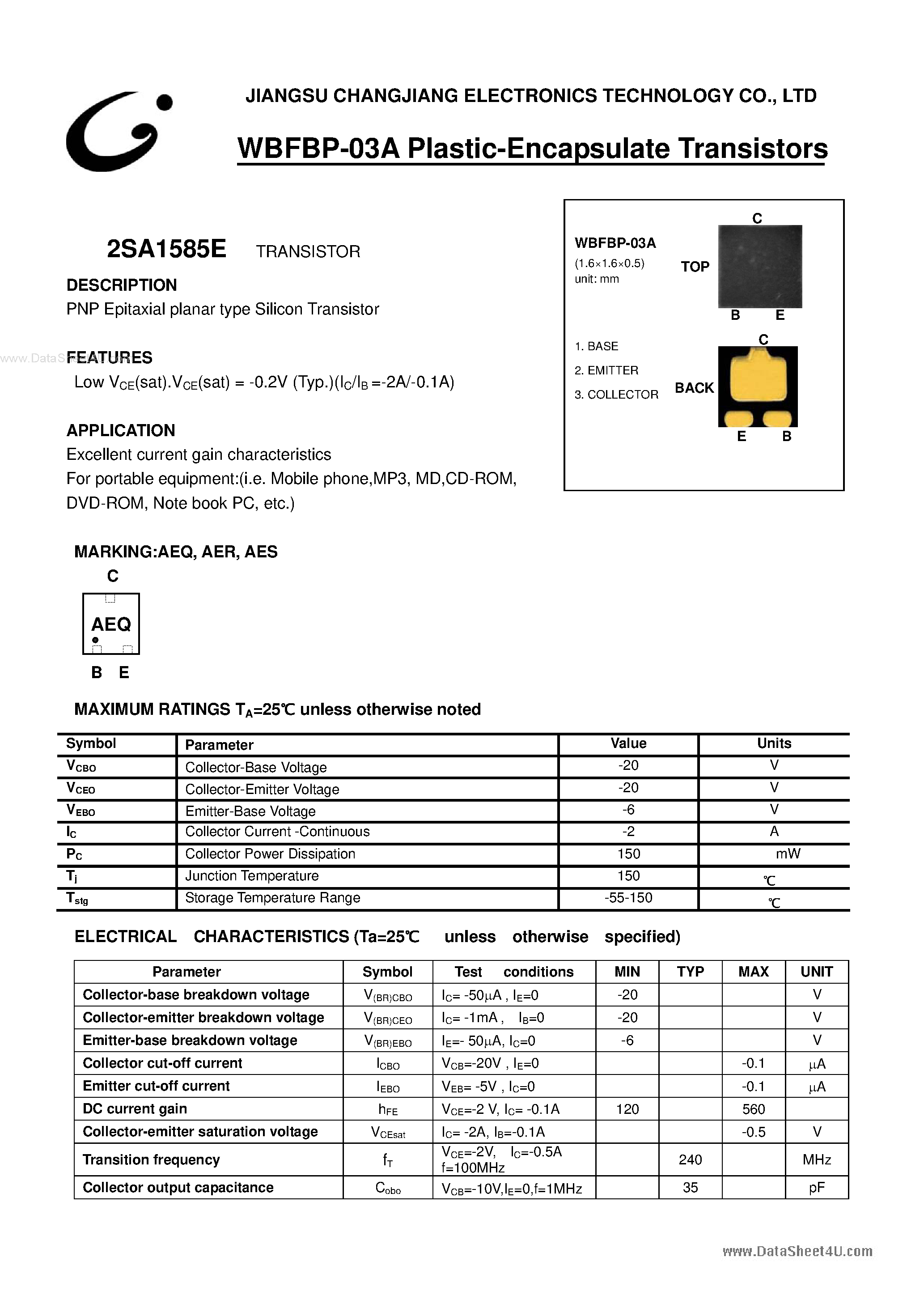 Datasheet 2SA1585E page 1 Datasheet 2SA1585E - TRANSISTOR page 1