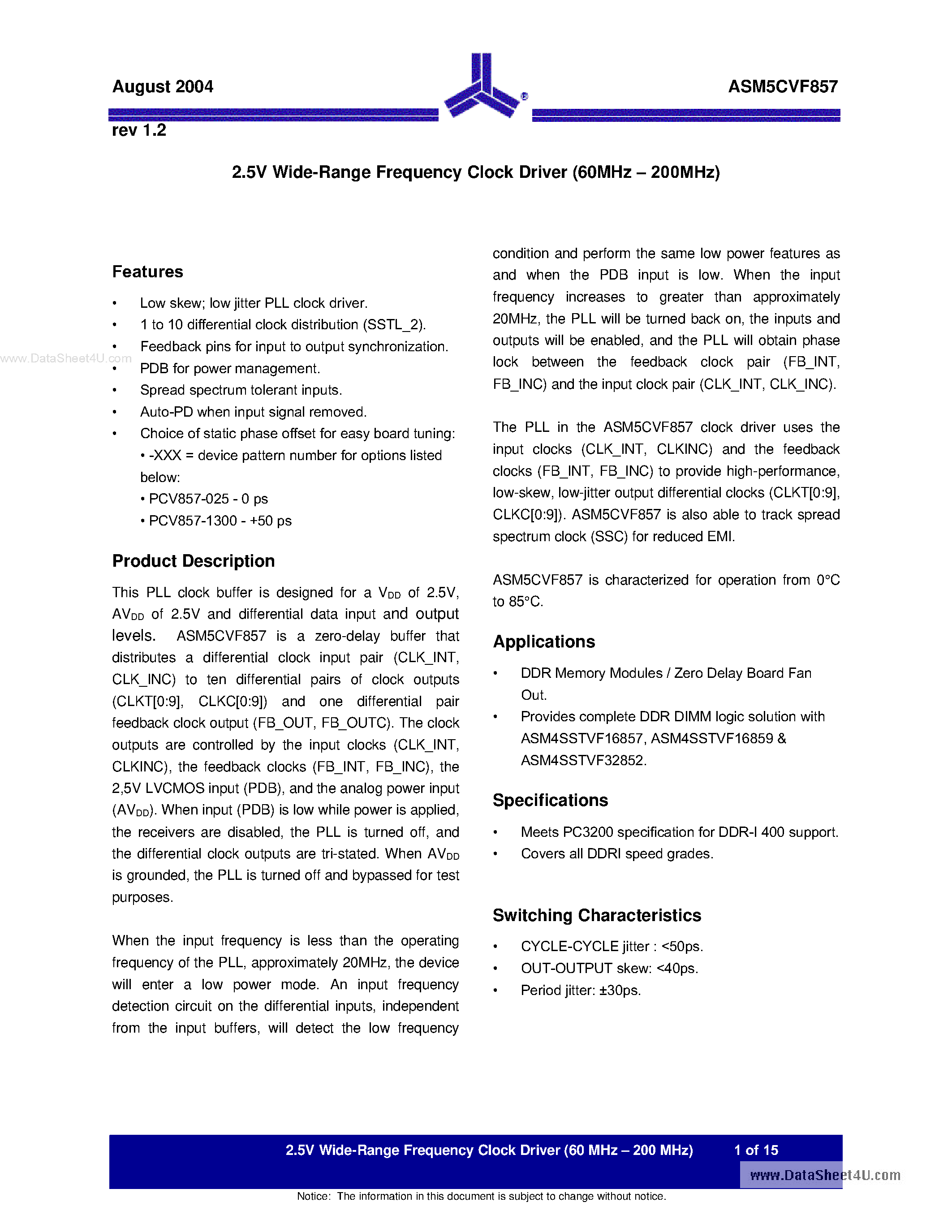 Даташит ASM5CVF857 - 2.5V Wide-Range Frequency Clock Driver страница 1