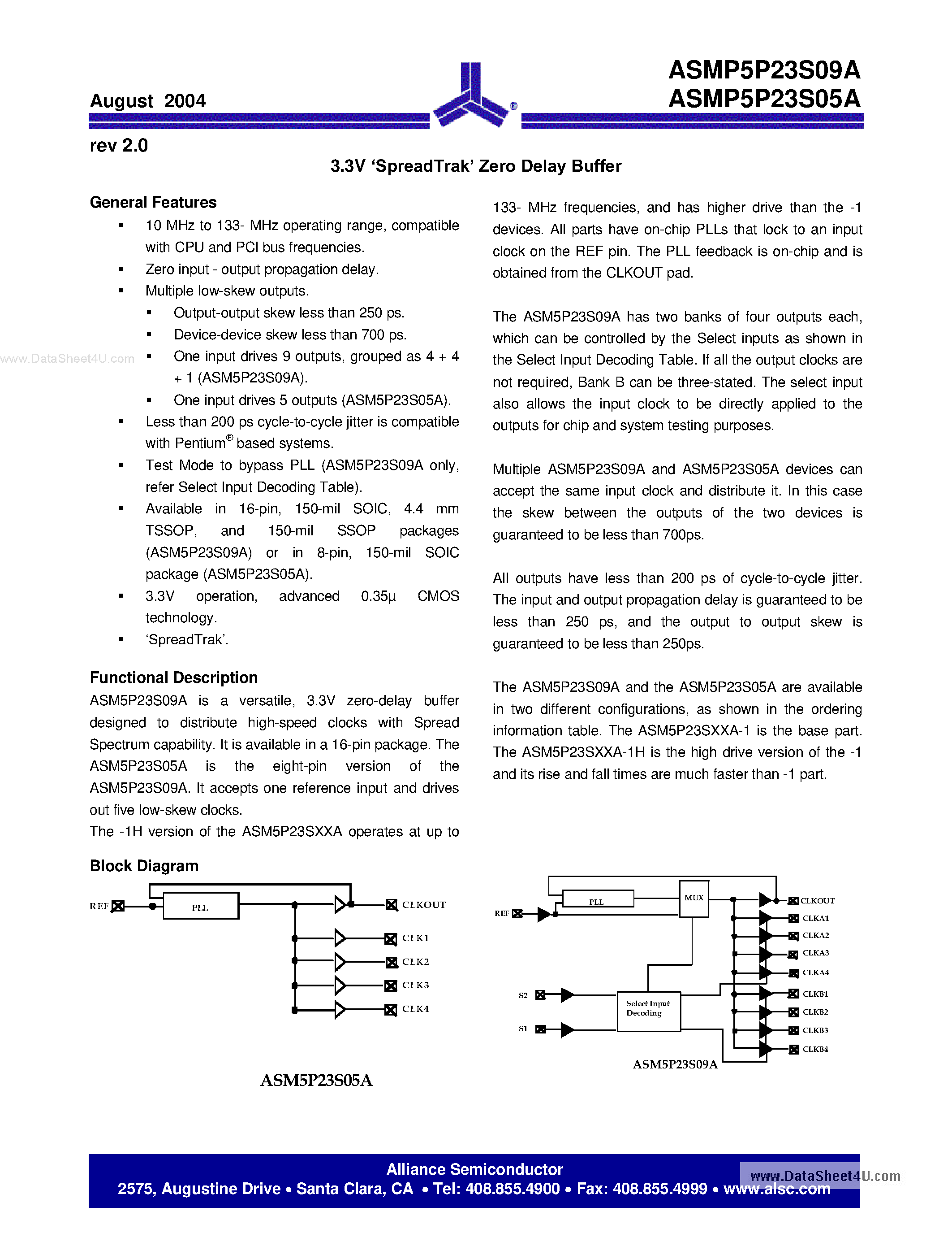 Datasheet ASM5I23S05A page 1 Datasheet ASM5I23S05A - (ASM5I23S05A / ASM5I23S09A) 3.3V SpreadTrak Zero Delay Buffer page 1