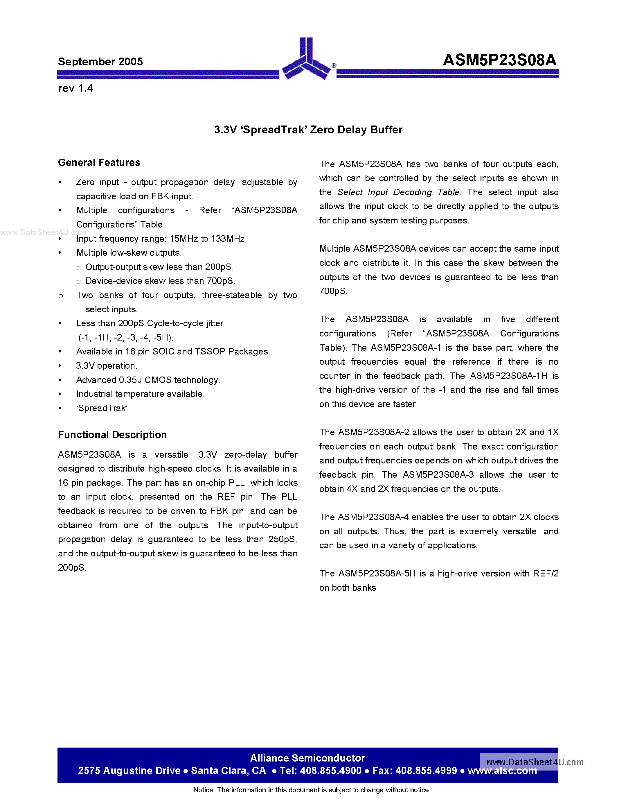 Datasheet ASM5I23S08A page 1 Datasheet ASM5I23S08A - 3.3V SpreadTrak Zero Delay Buffer page 1