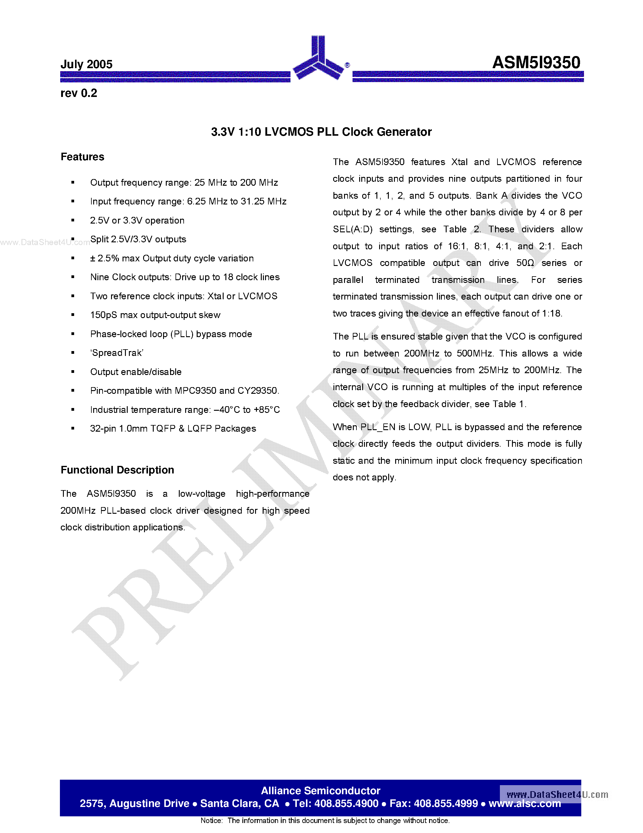 Datasheet ASM5I9350 page 1 Datasheet ASM5I9350 - 3.3V 1:10 LVCMOS PLL Clock Generator page 1
