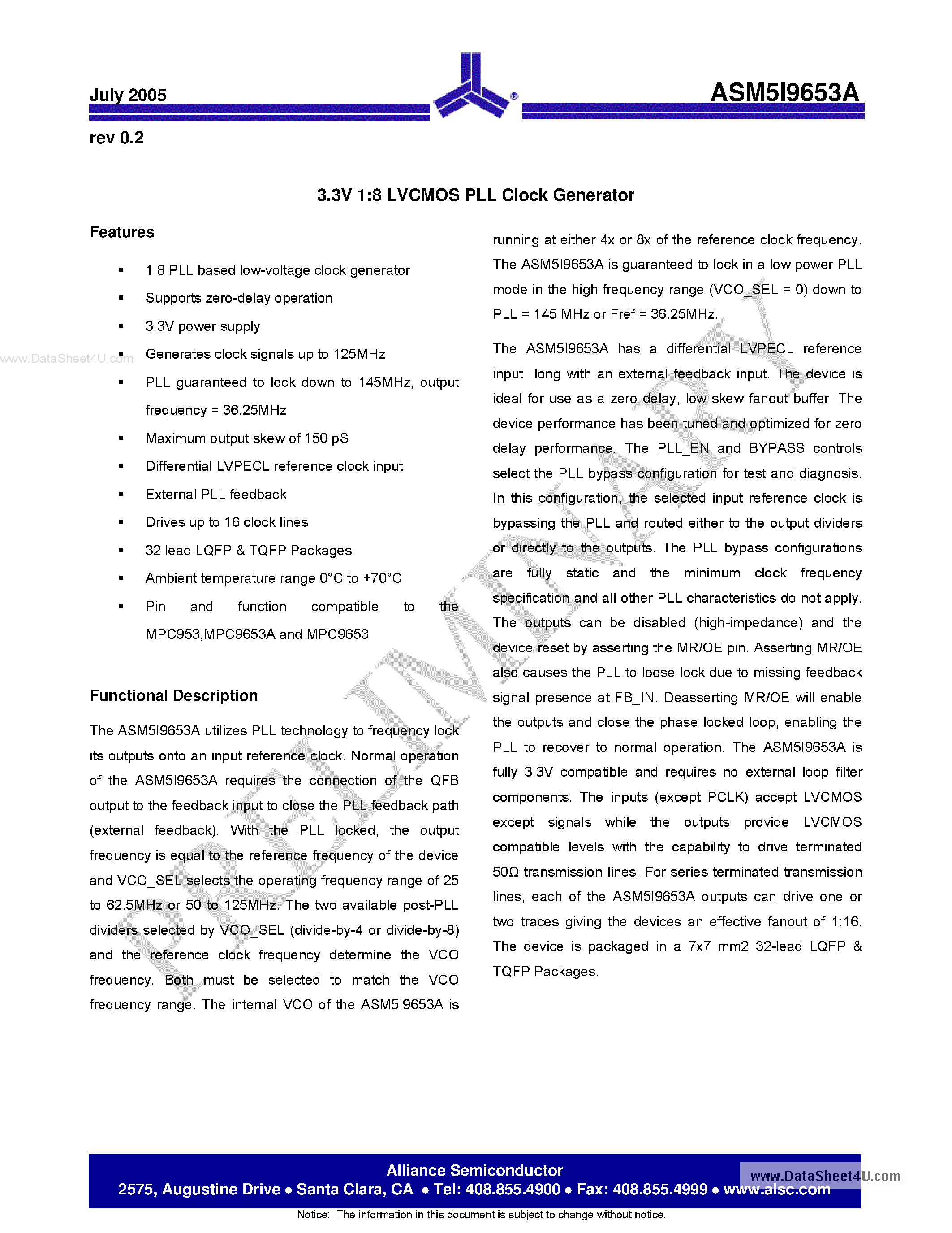 Datasheet ASM5I9653A page 1 Datasheet ASM5I9653A - 3.3V 1:8 LVCMOS PLL Clock Generator page 1
