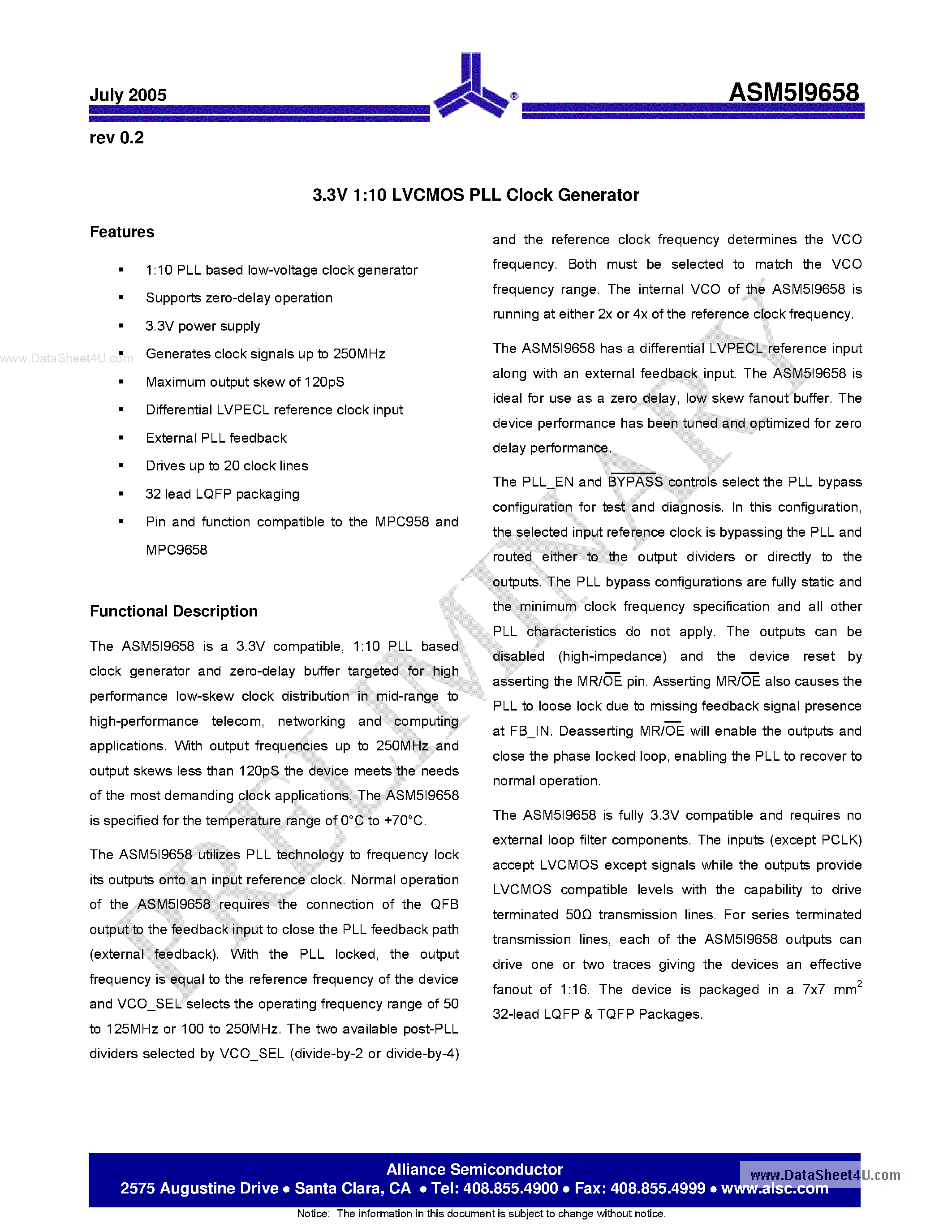 Datasheet ASM5I9658 page 1 Datasheet ASM5I9658 - 3.3V 1:10 LVCMOS PLL Clock Generator page 1