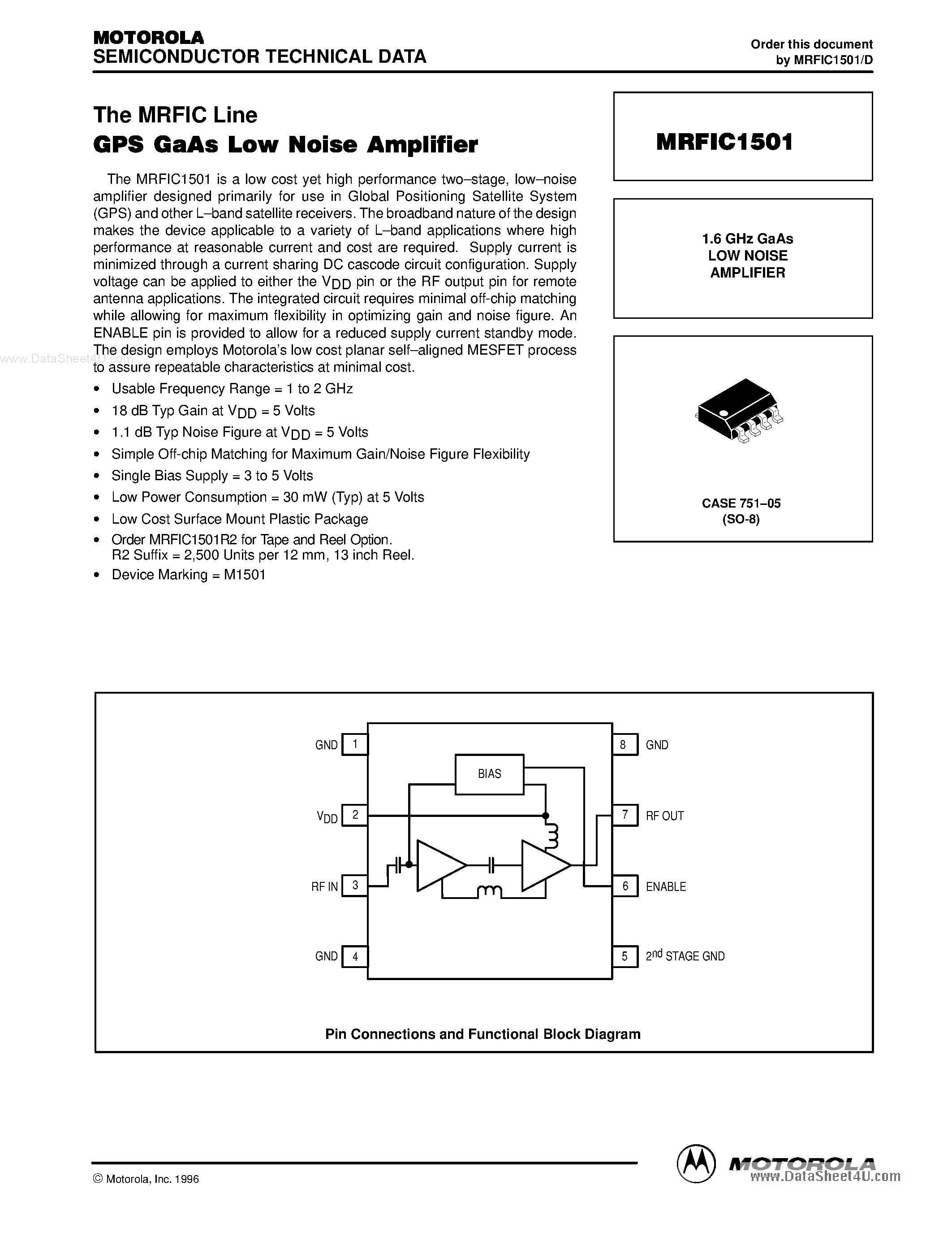Datasheet MRFIC1501 - 1.6 GHz GaAs LOW NOISE AMPLIFIER page 1
