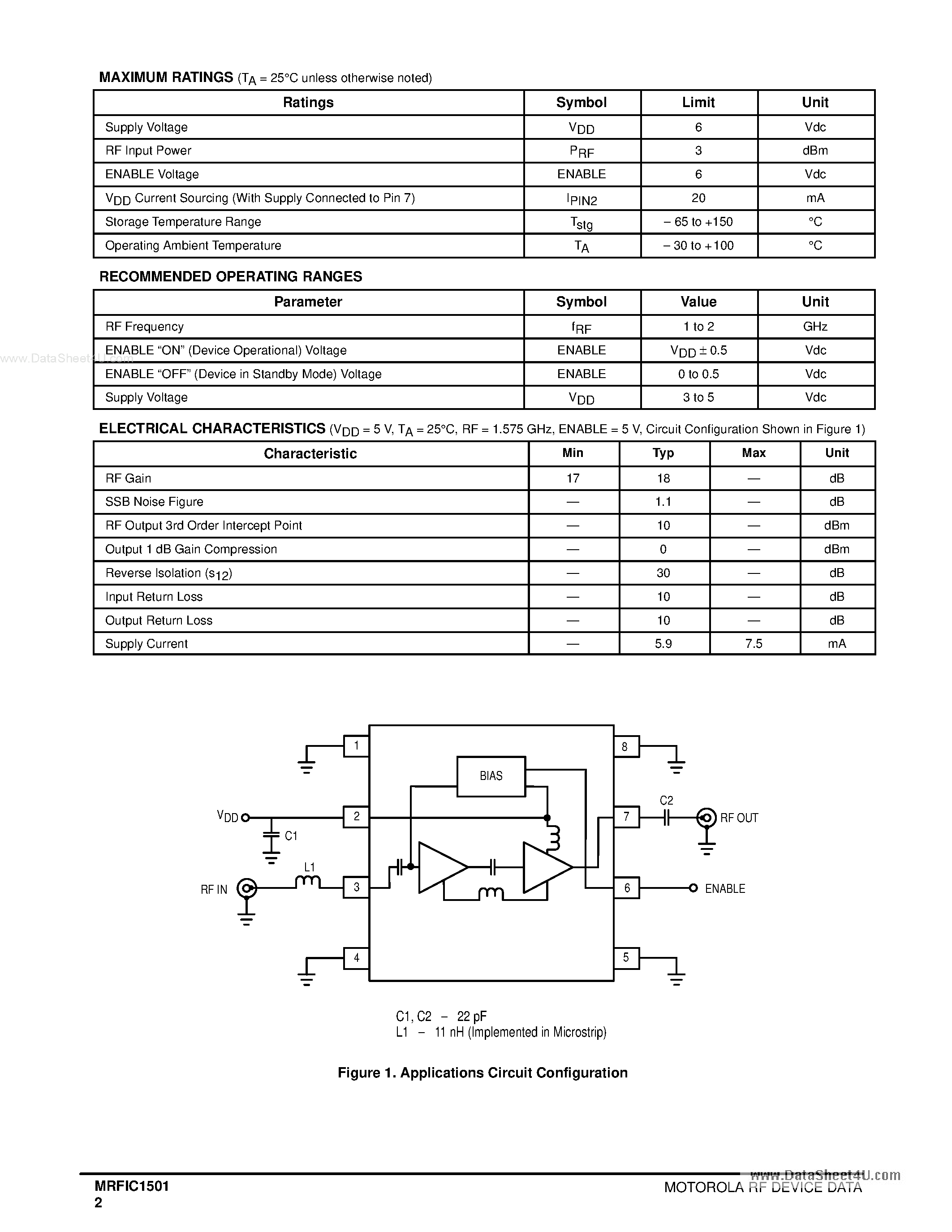 Datasheet MRFIC1501 - 1.6 GHz GaAs LOW NOISE AMPLIFIER page 2