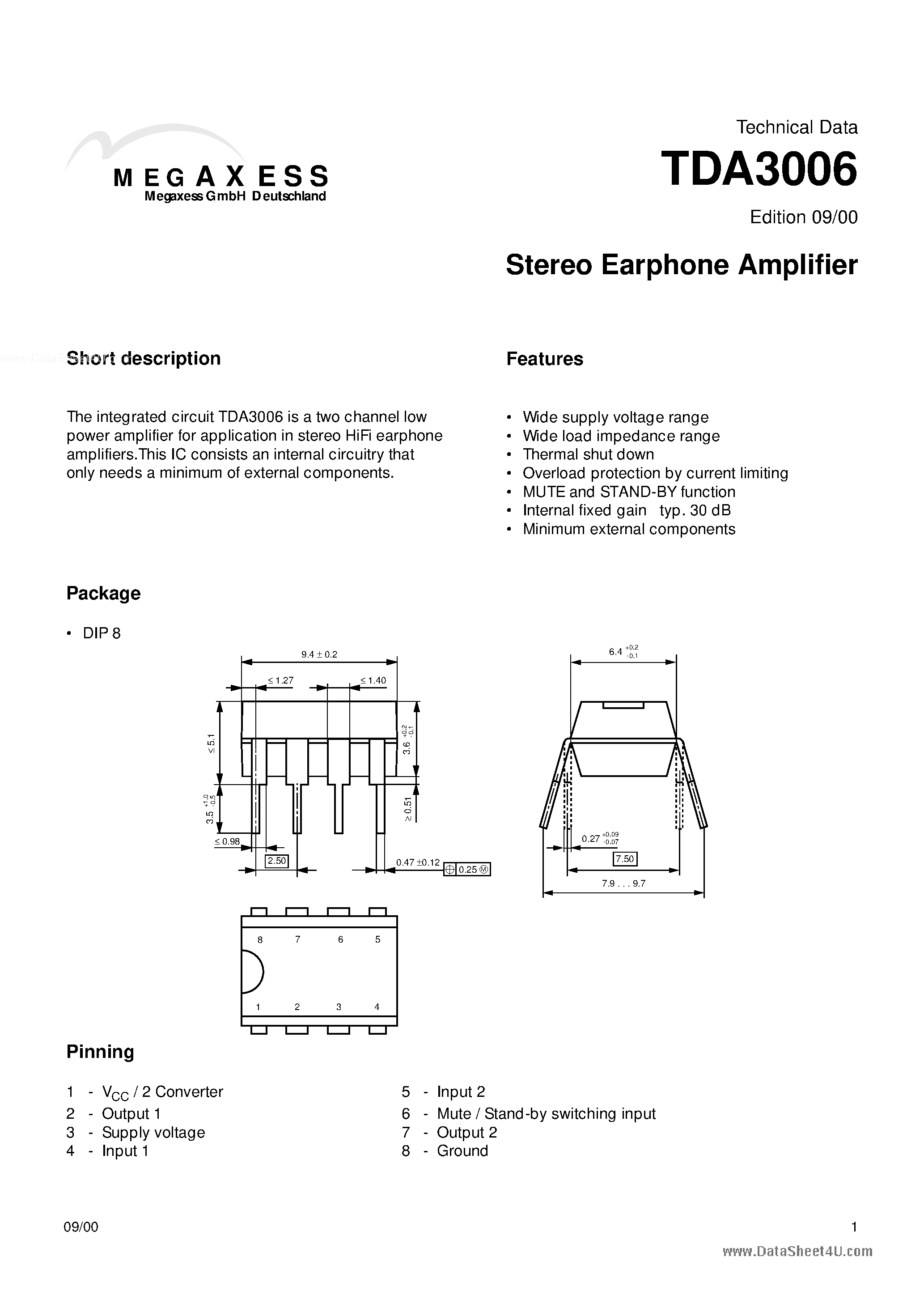 Datasheet TDA3006 page 1 Datasheet TDA3006 - Stereo Earphone Amplifier page 1