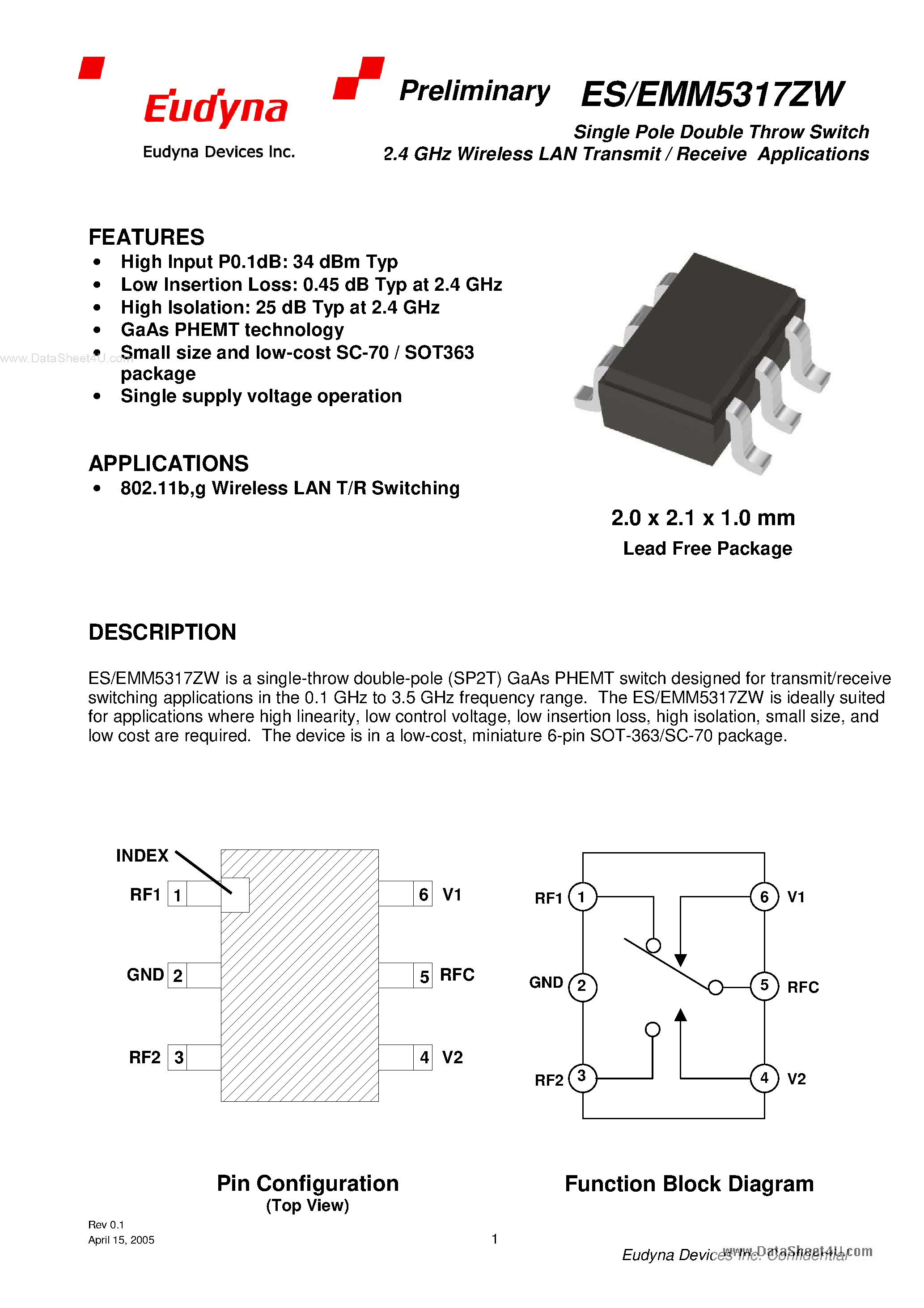 Даташит ESM5317ZW - Single Pole Double Throw Switch 2.4 GHz Wireless LAN Transmit / Receive Applications страница 1