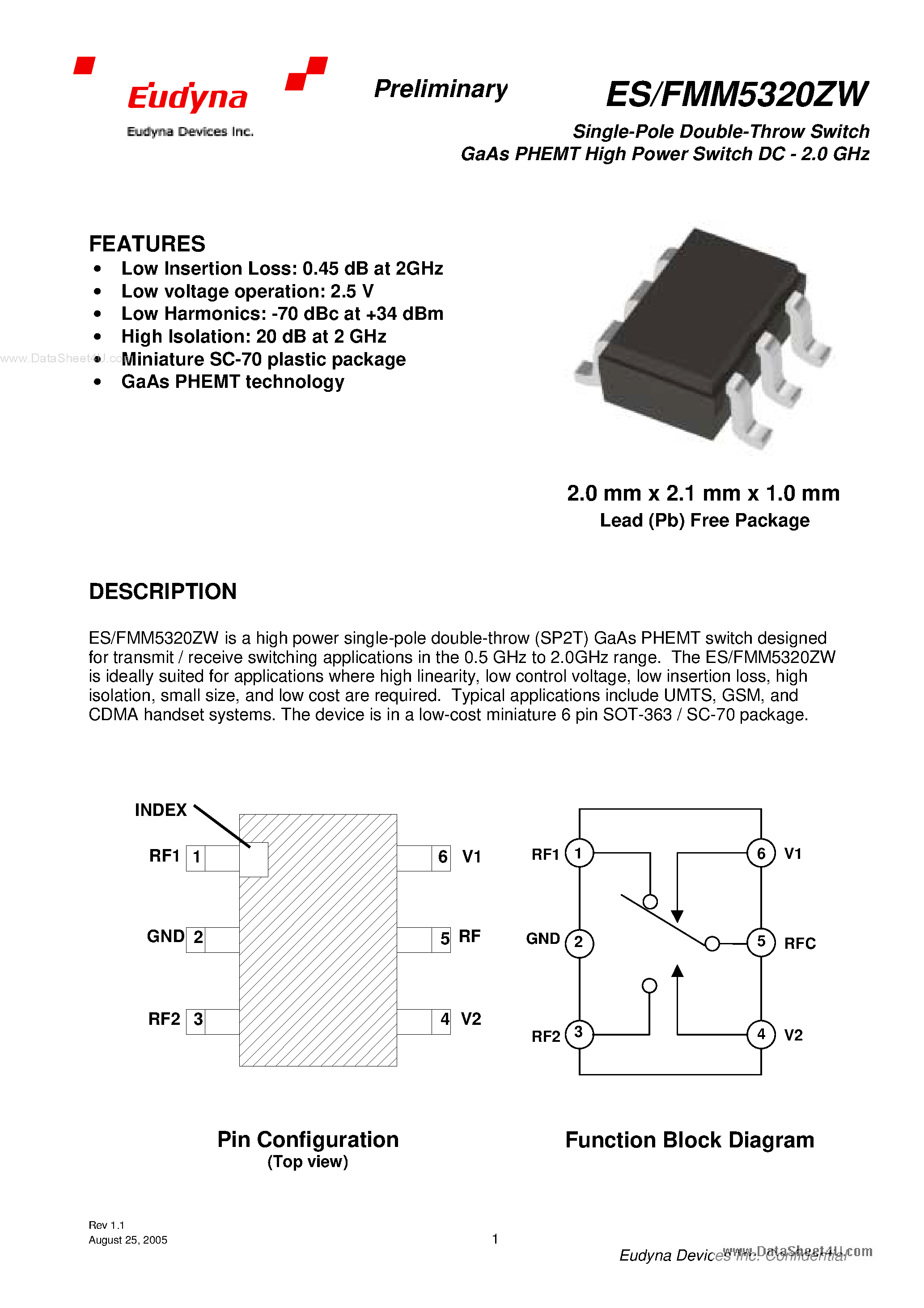 Даташит на микросхему ESM5320ZW страница 1 Даташит ESM5320ZW - Single-Pole Double-Throw Switch страница 1