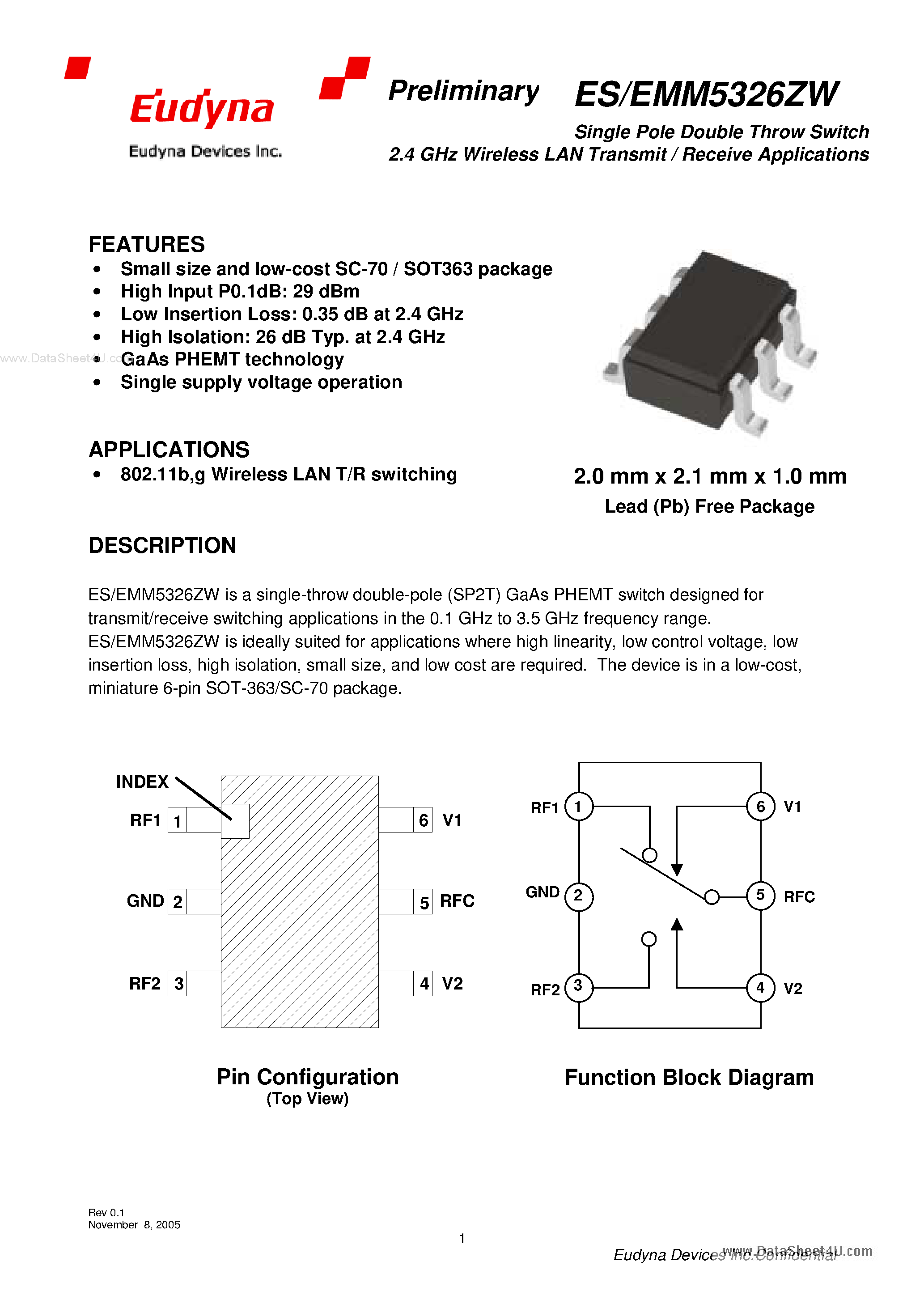 Даташит ESM5326ZW - Single Pole Double Throw Switch страница 1