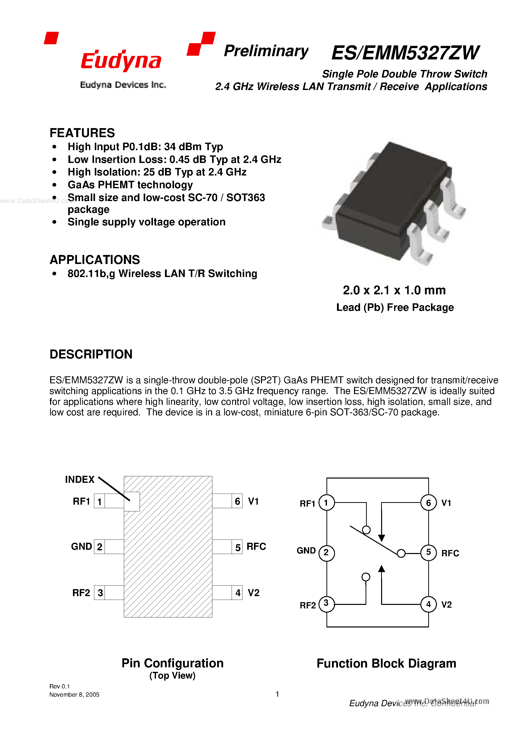 Даташит ESM5327ZW - Single Pole Double Throw Switch страница 1