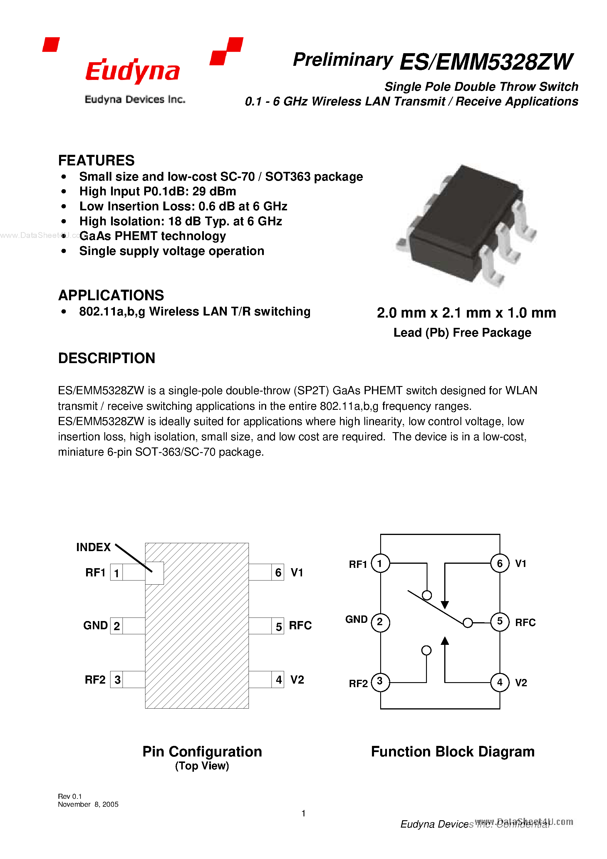 Даташит на микросхему ESM5328ZW страница 1 Даташит ESM5328ZW - Single Pole Double Throw Switch страница 1