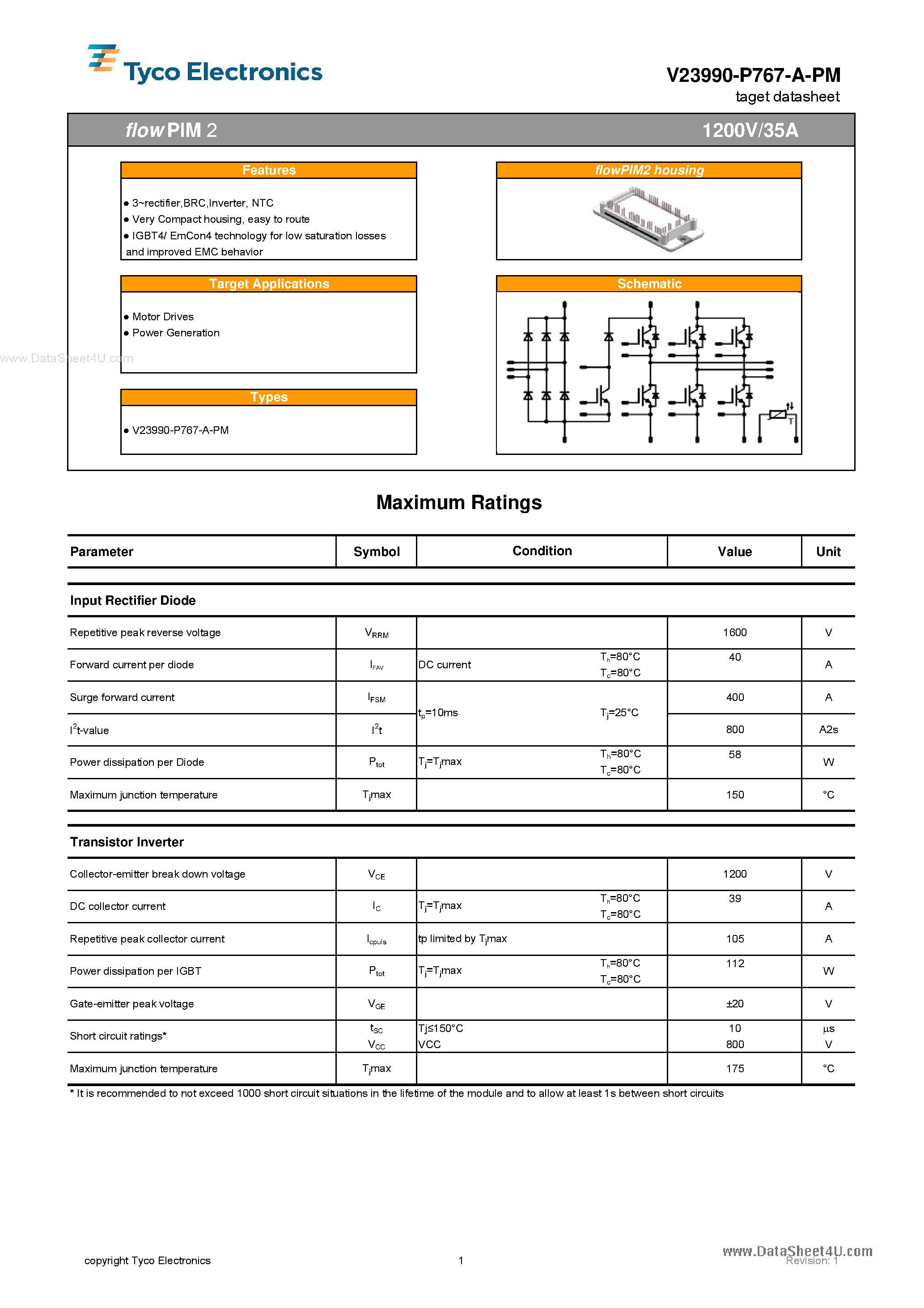 Datasheet V23990-P767-A-PM page 1 Datasheet V23990-P767-A-PM - Flow PIM 2 page 1