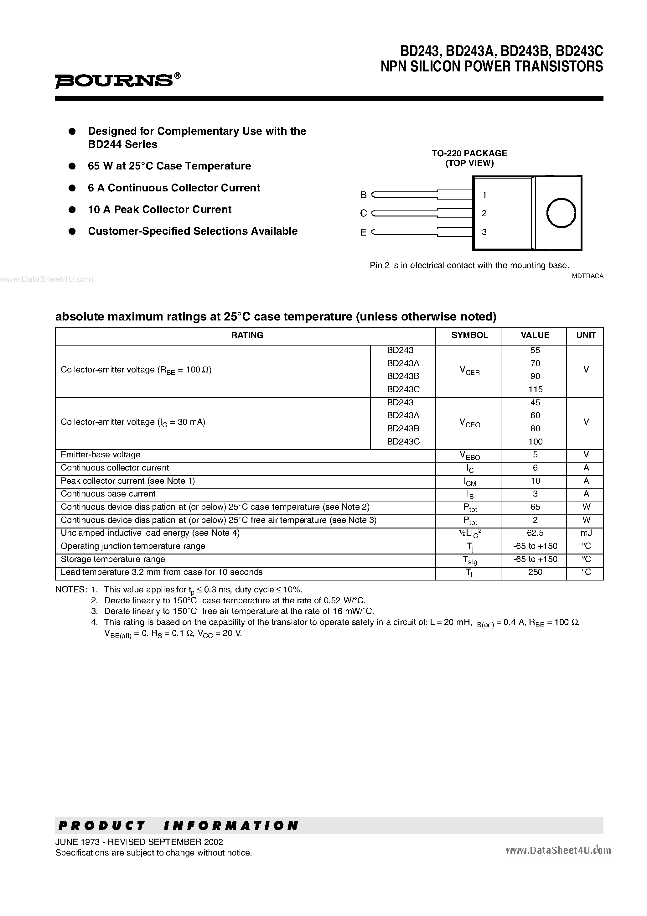 Даташит на микросхему BD243 страница 1 Даташит BD243 - NPN SILICON POWER TRANSISTORS страница 1