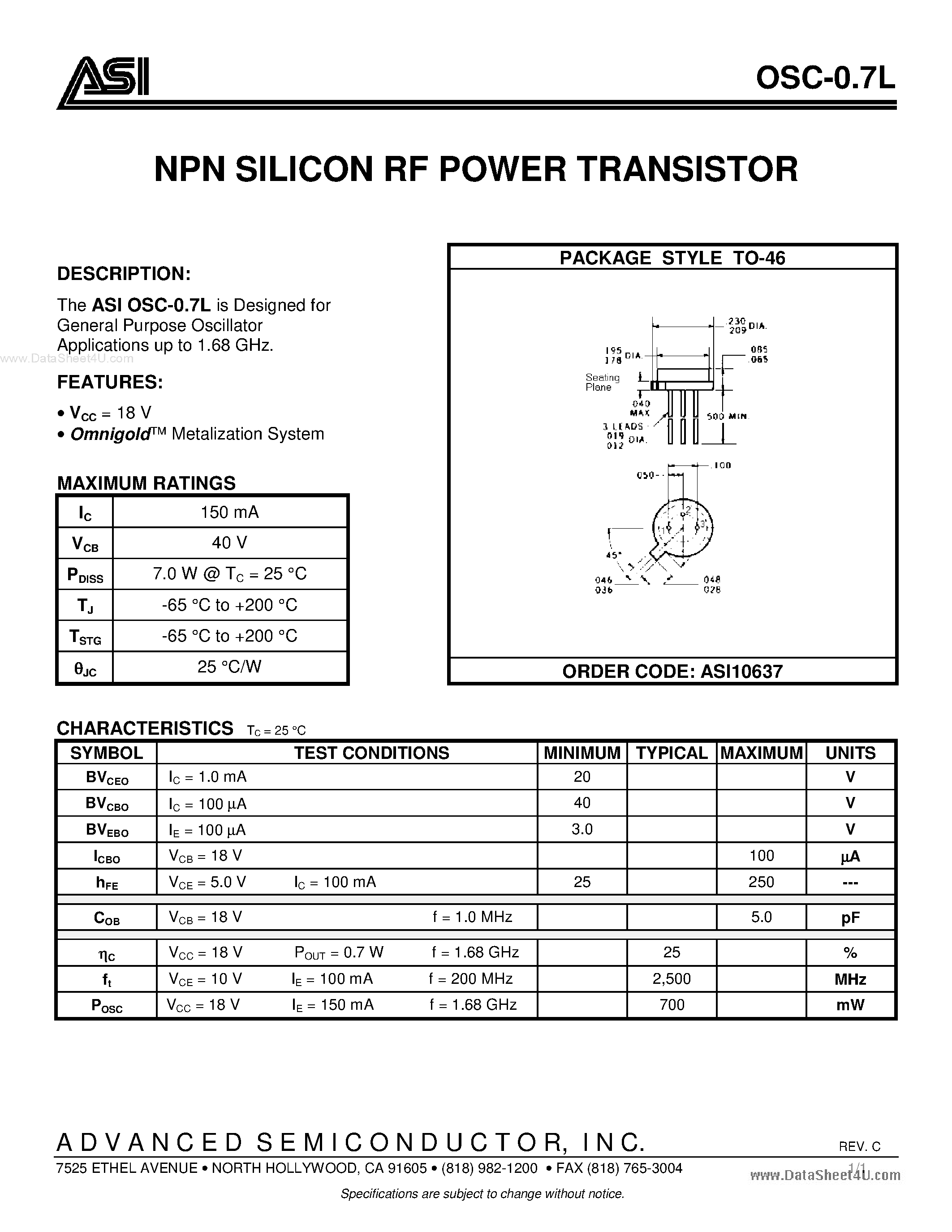 Datasheet OSC-0.7L - NPN SILICON RF POWER TRANSISTOR page 1