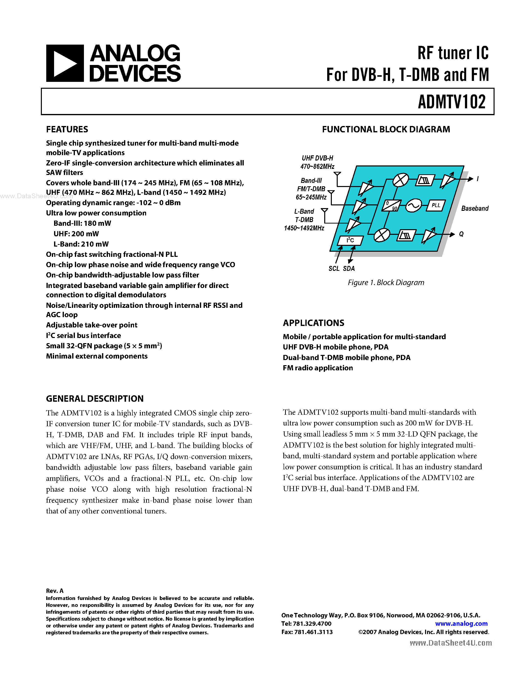 Datasheet ADMTV102 - RF Tuner IC page 1