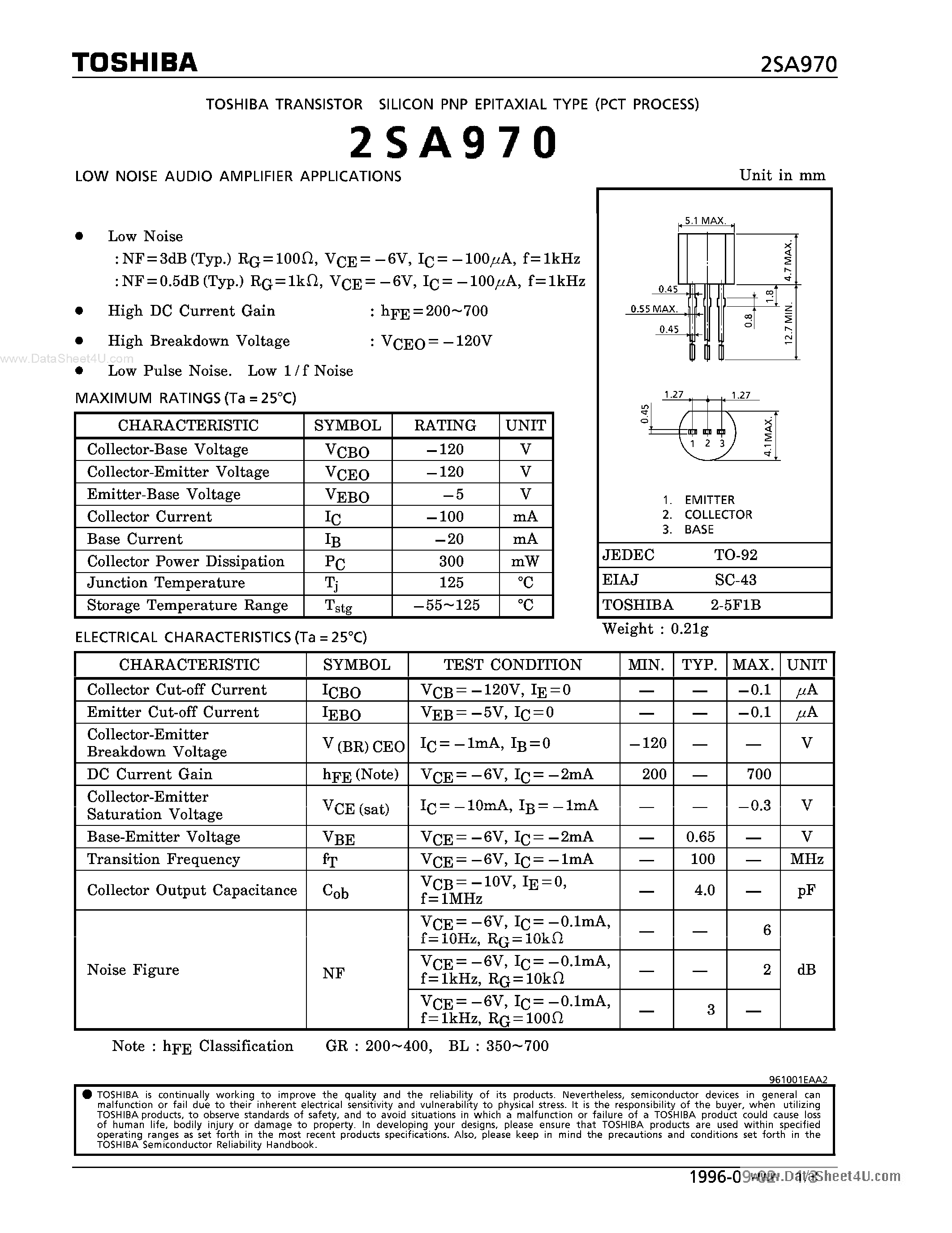 Datasheet A970 - Search -----> 2SA970 page 1