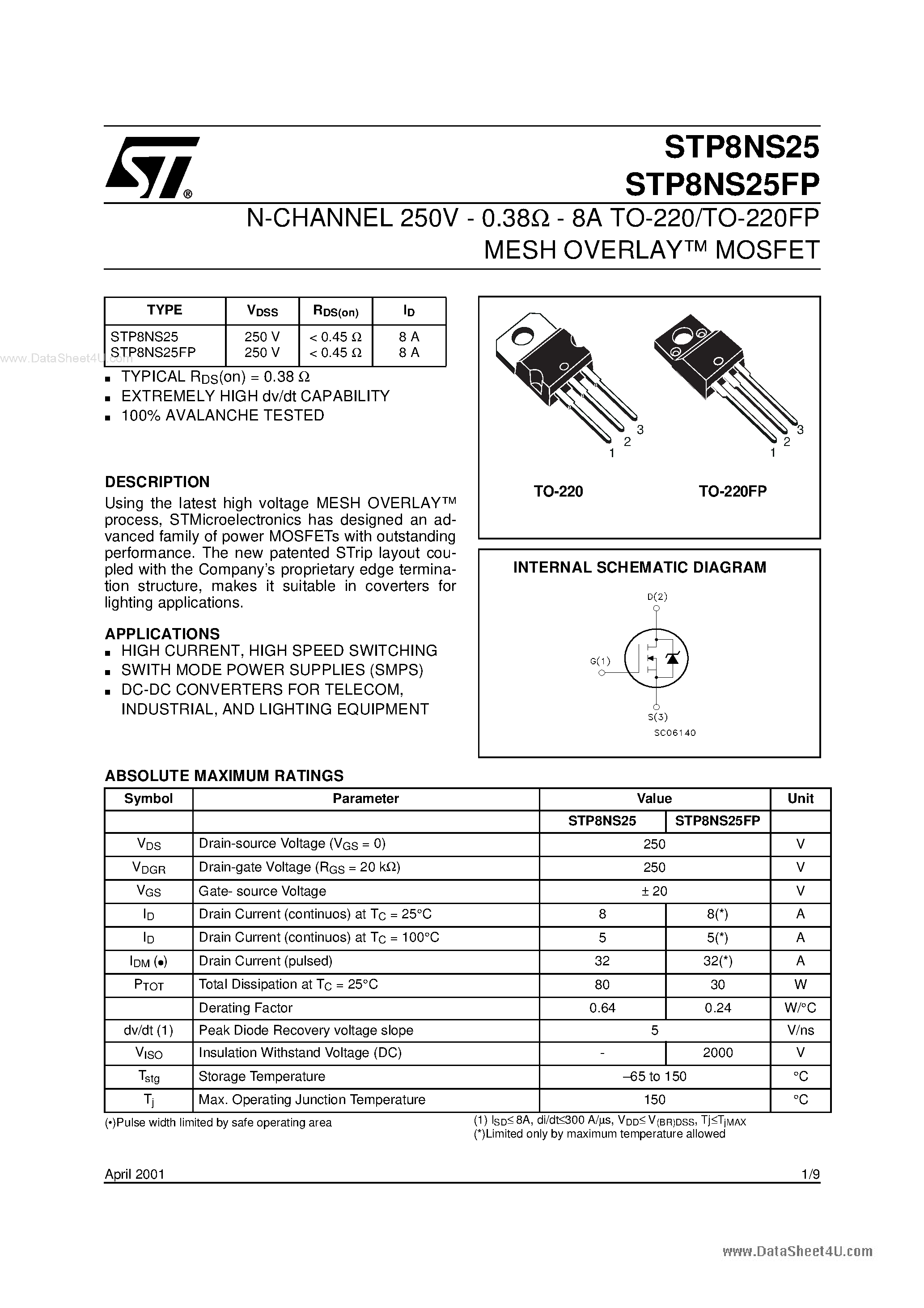 Datasheet P8NS25 - Search -----> STP8NS25 page 1