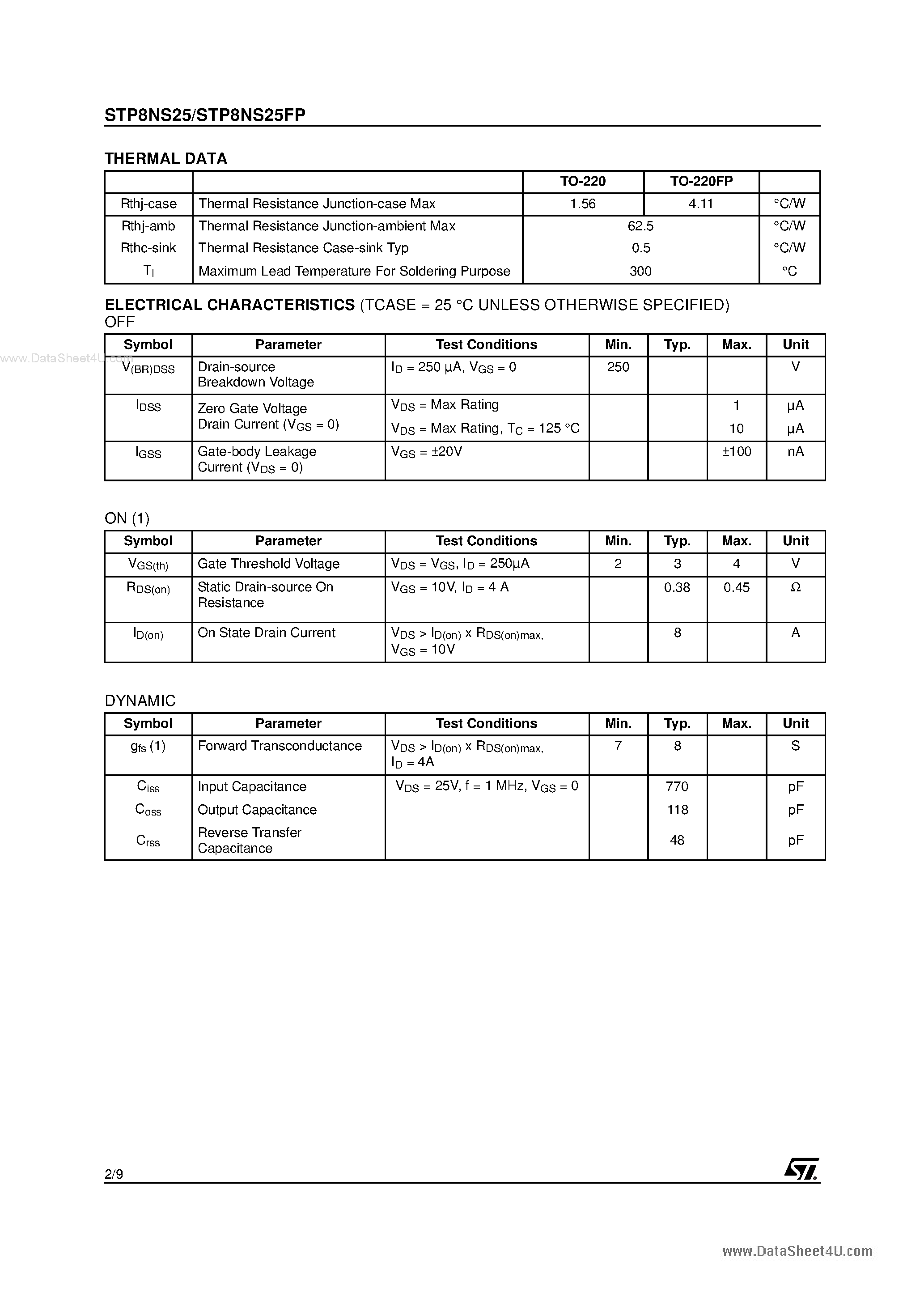 Datasheet P8NS25 - Search -----> STP8NS25 page 2