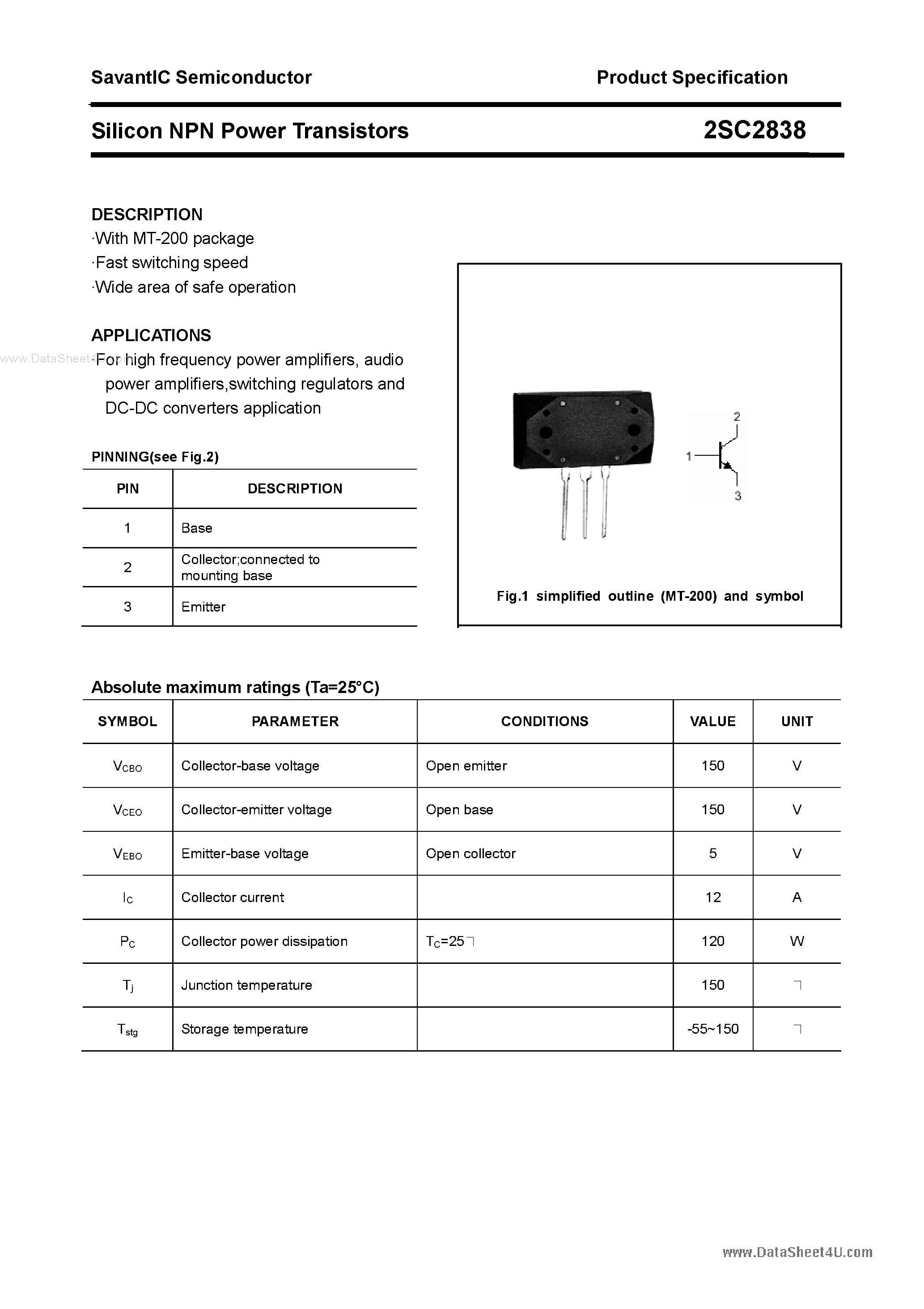 Даташит на микросхему 2SC2838 страница 1 Даташит 2SC2838 - Silicon NPN Power Transistors страница 1