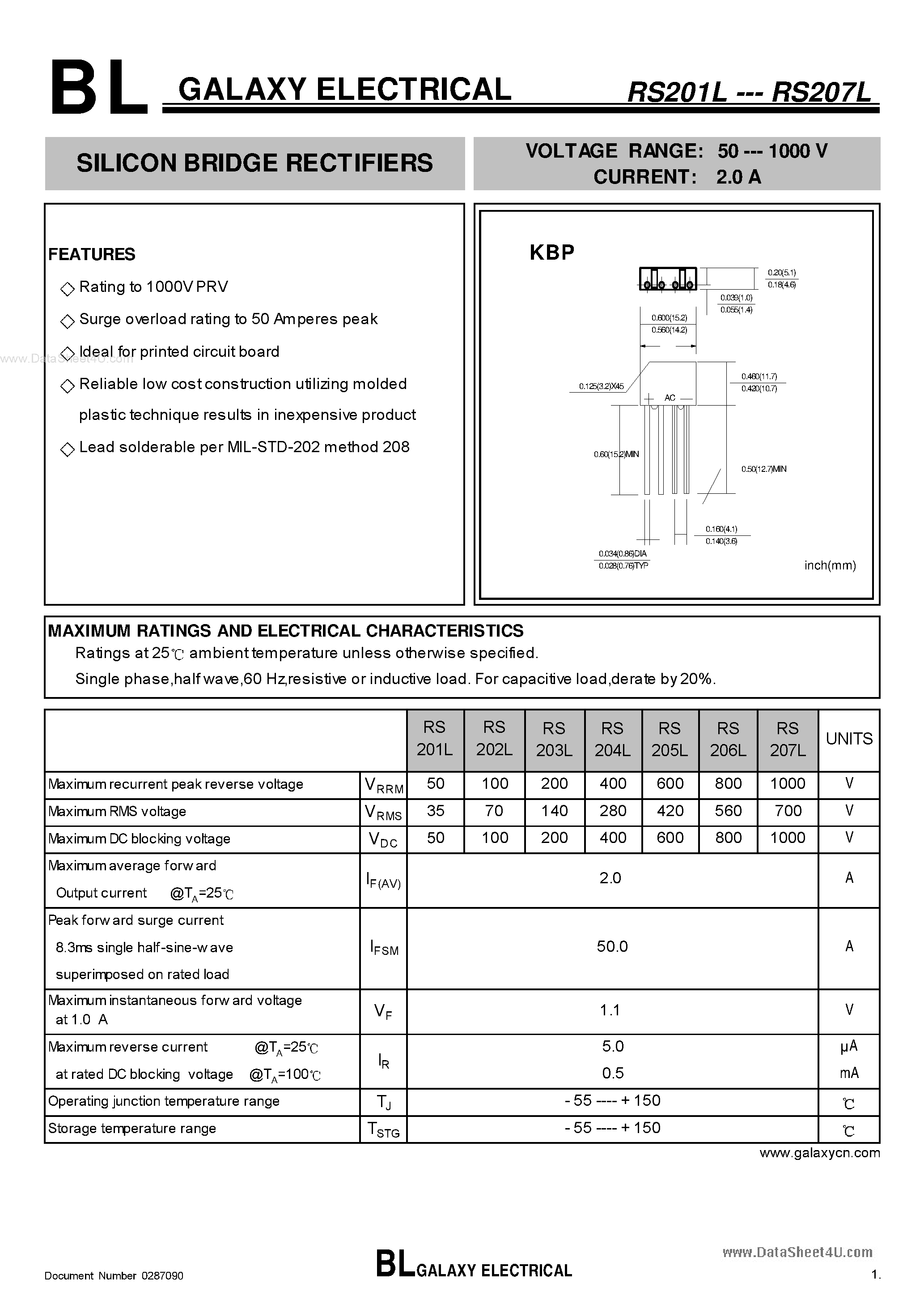 Datasheet RS201L - (RS201L - RS207L) SILICON BRIDGE RECTIFIERS page 1