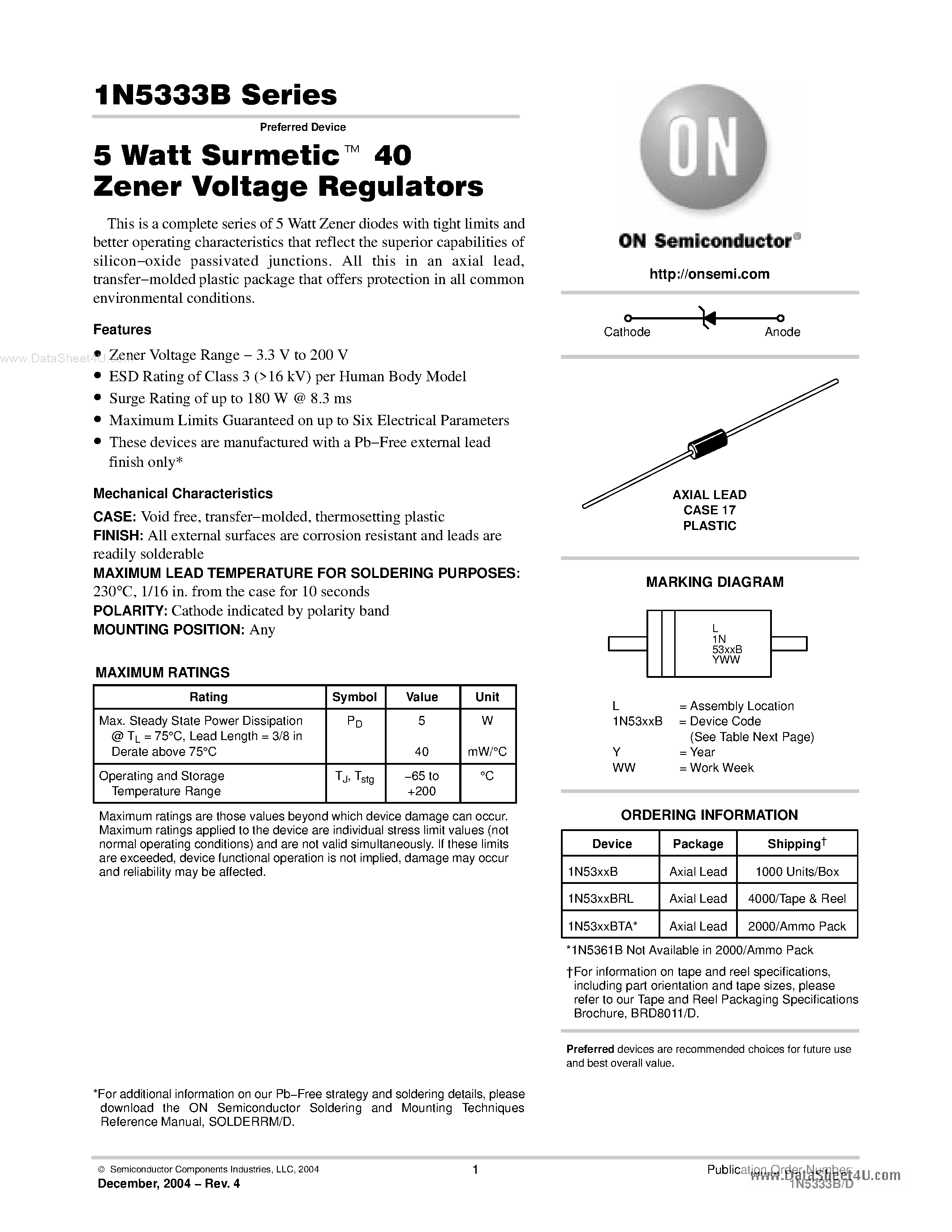 Datasheet 1N5338B - 5 Watt Surmetic 40 Zener Voltage Refulators page 1