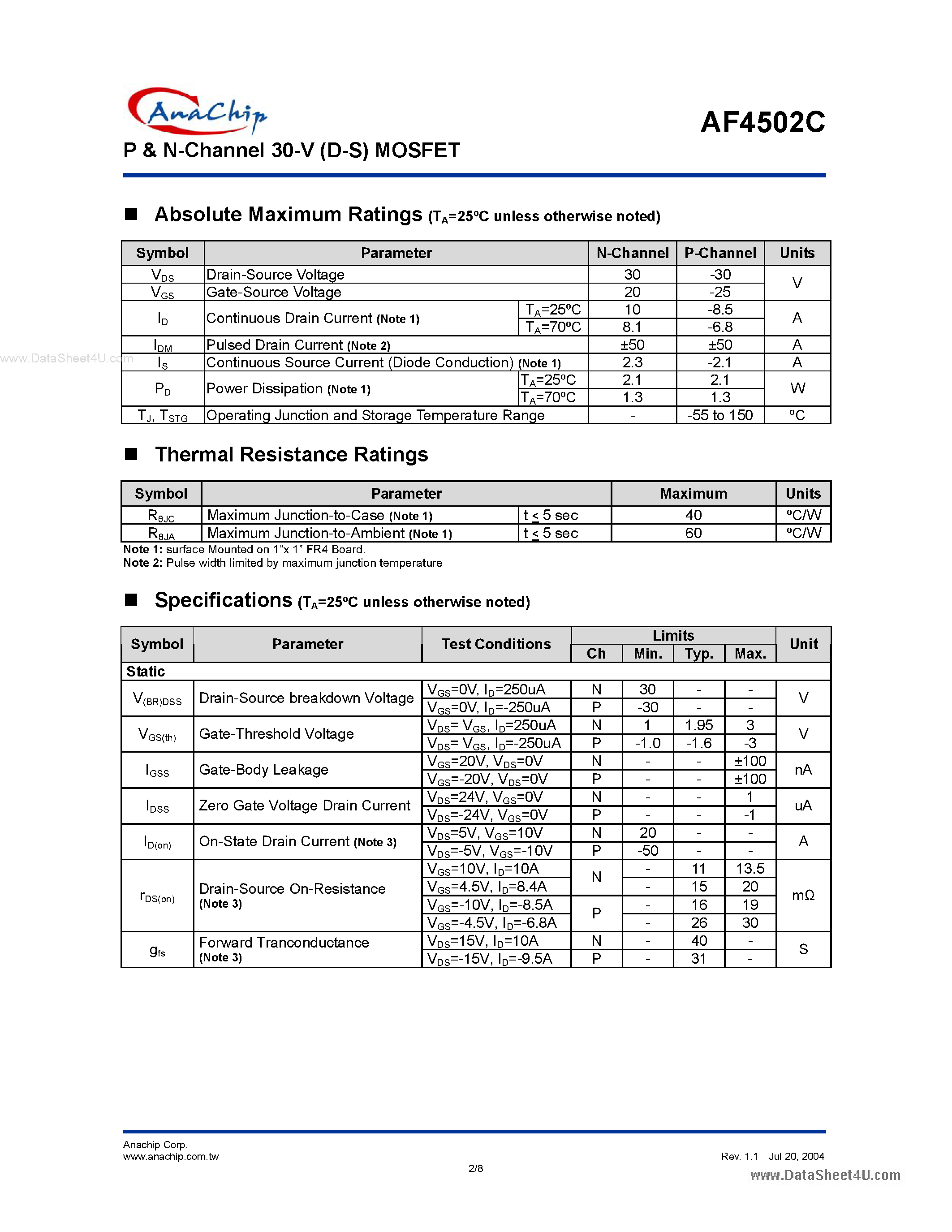 Datasheet AF4502C - P & N-Channel 30-V (D-S) MOSFET page 2