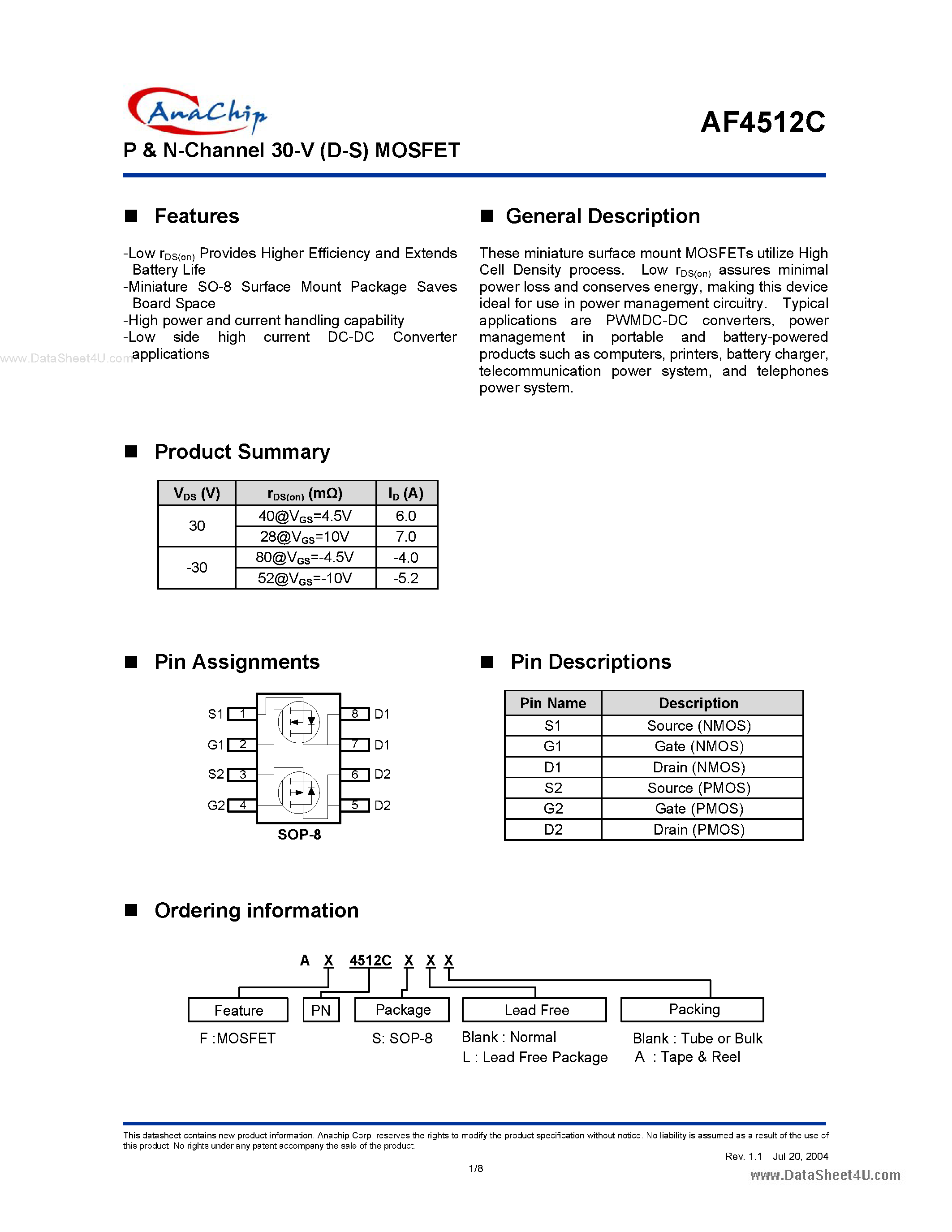 Datasheet AF4512C - P & N-Channel 30-V (D-S) MOSFET page 1