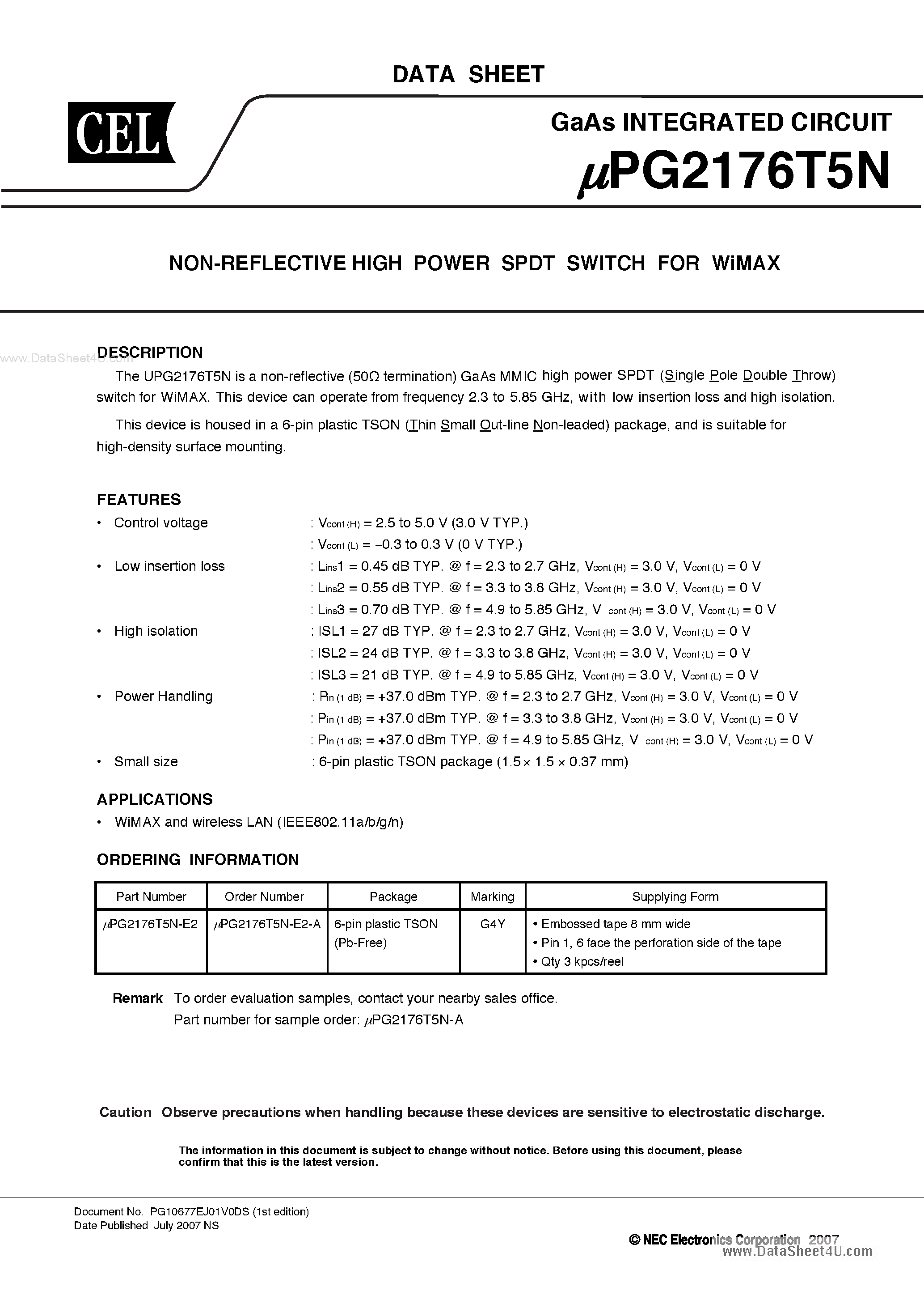 Datasheet UPG2176T5N - Non-Reflective High Power SPDT Switch page 1