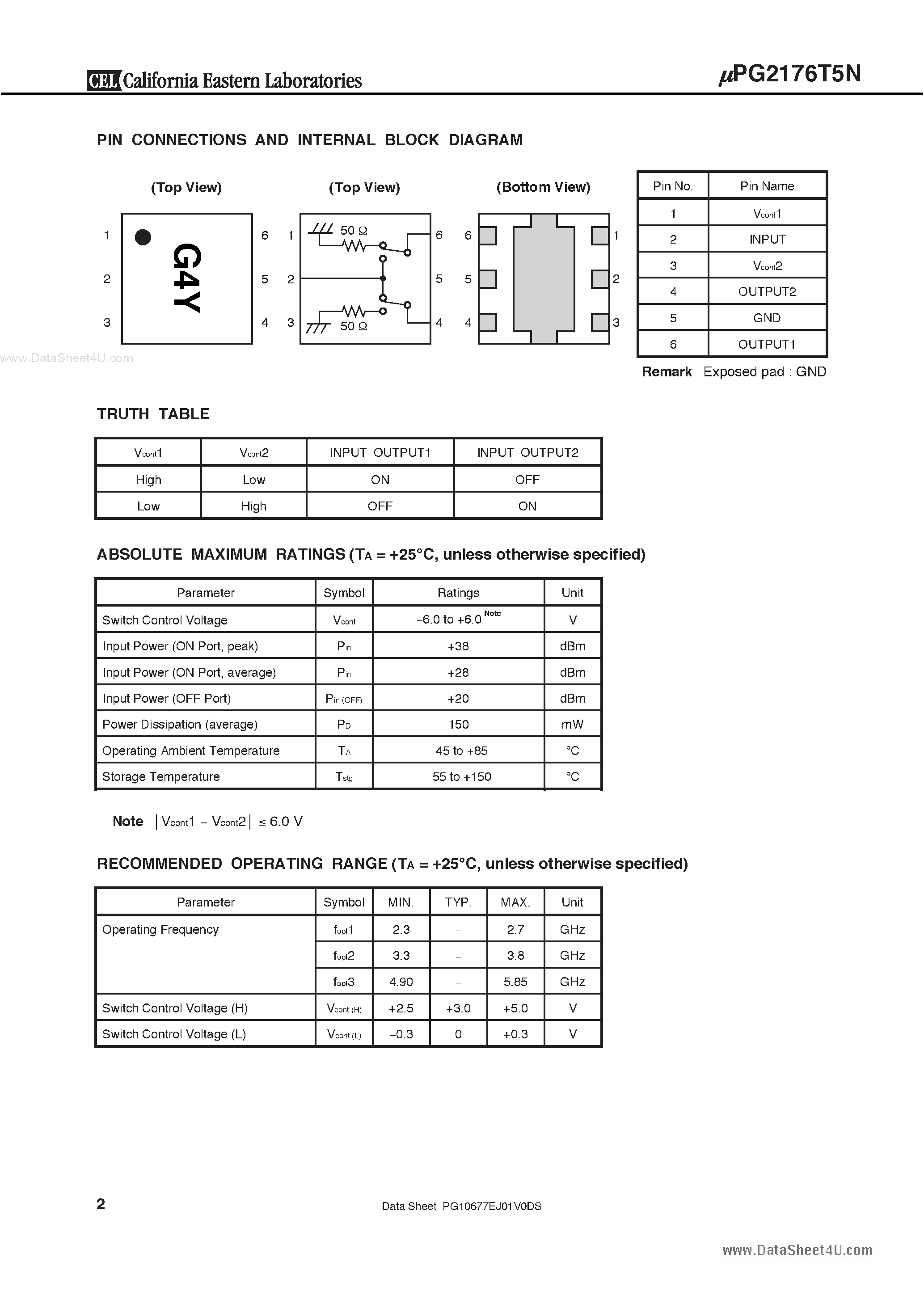 Datasheet UPG2176T5N - Non-Reflective High Power SPDT Switch page 2