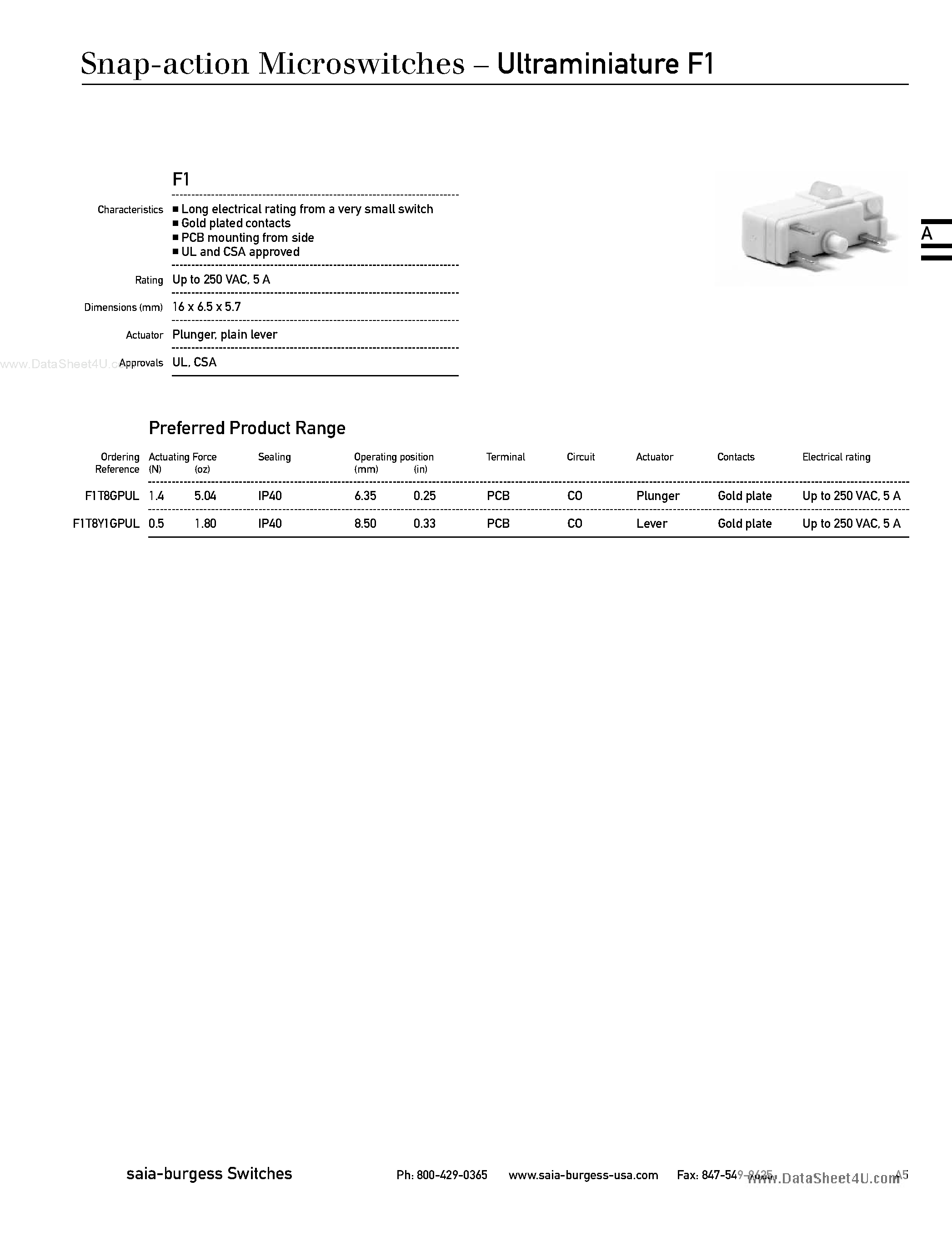 Даташит F1T8GPUL - SNAP ACTION SWITCH SPDT LEVER 5A 250VAC страница 1