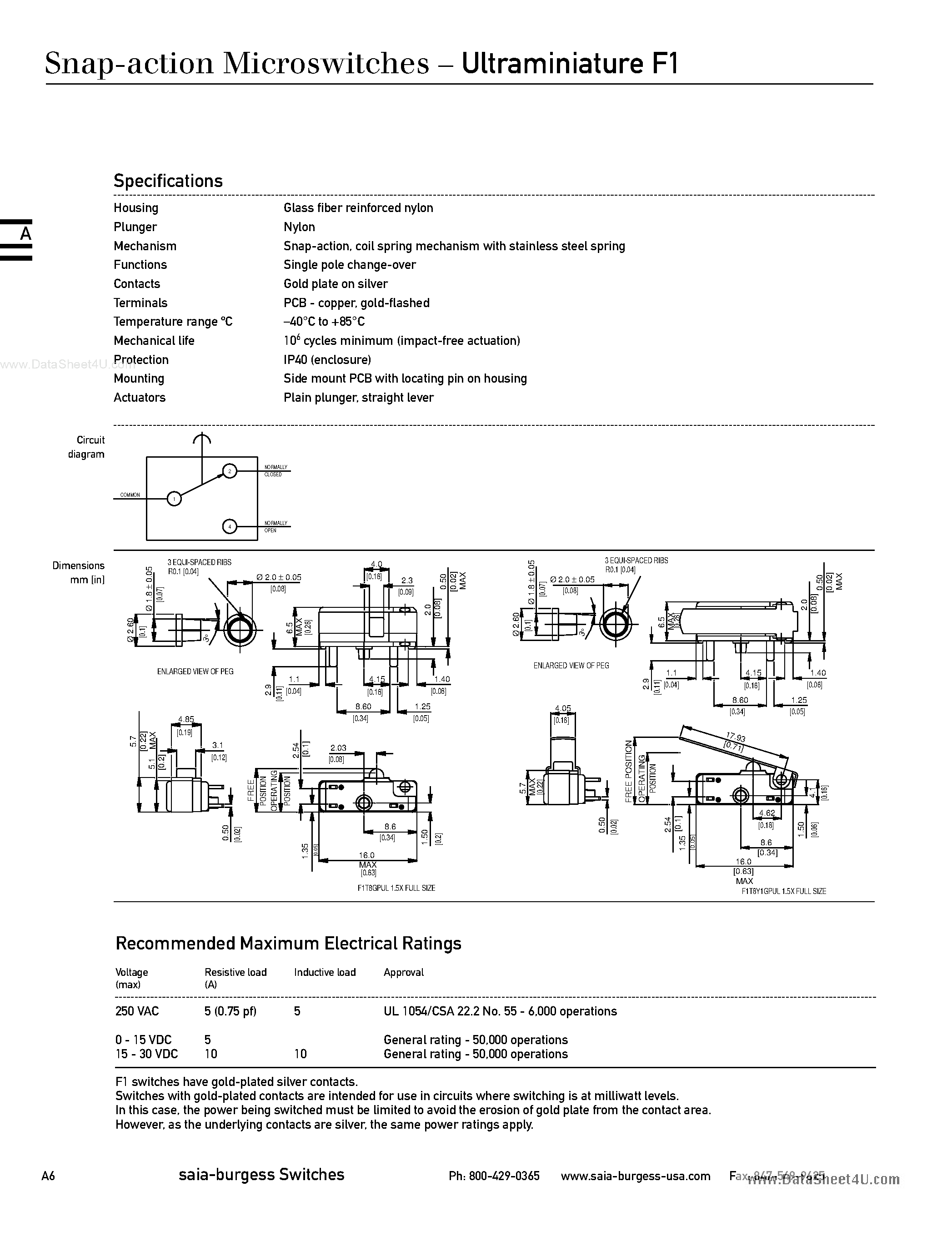 Даташит F1T8GPUL - SNAP ACTION SWITCH SPDT LEVER 5A 250VAC страница 2
