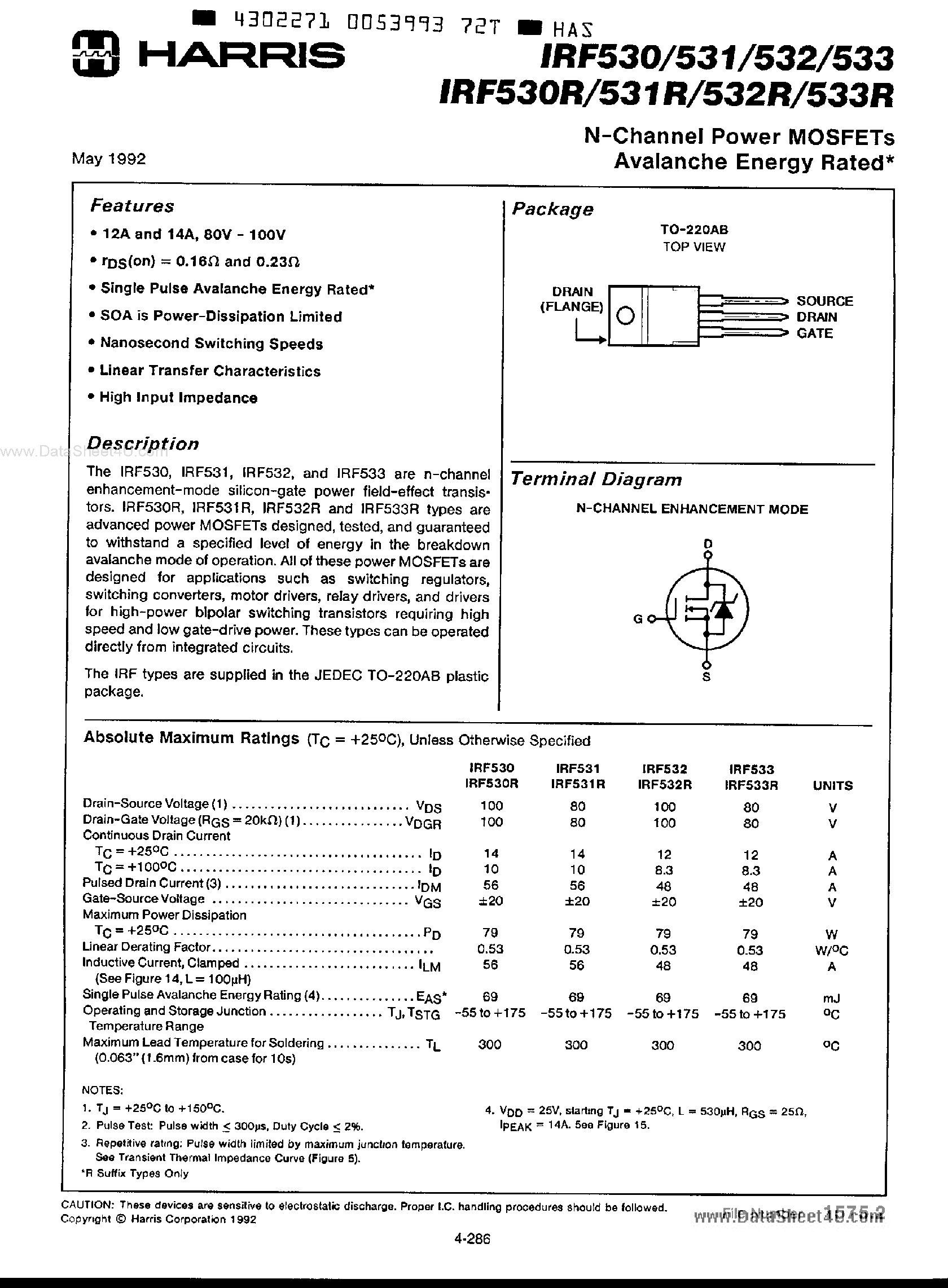 Datasheet IRF530 - (IRF530 - IRF533) N-Channel Power MOSFETs Avalanche Energy Rated page 1