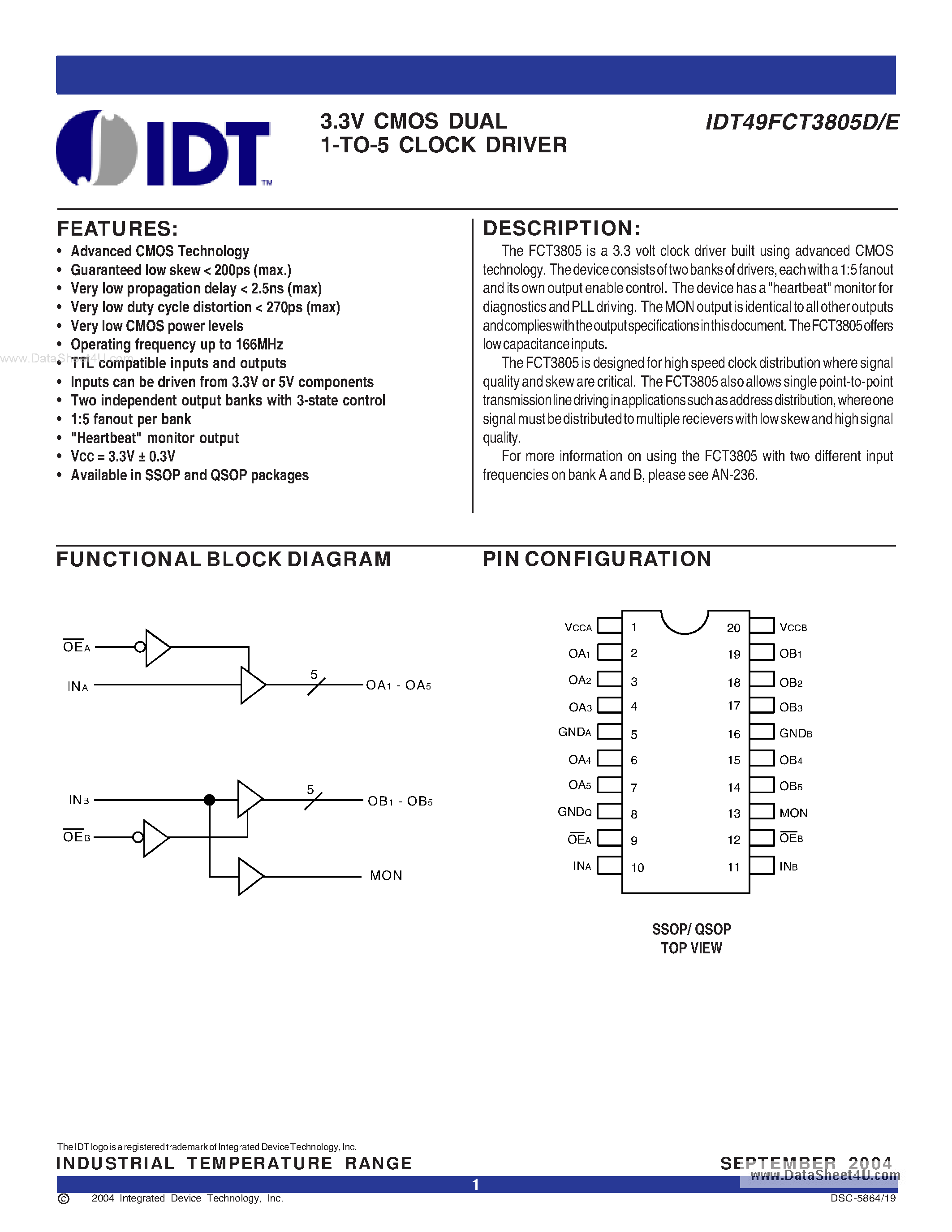 Datasheet IDT49FCT3805D - (IDT49FCT3805D / IDT49FCT3805E) 3.3V CMOS DUAL 1-TO-5 CLOCK DRIVER page 1