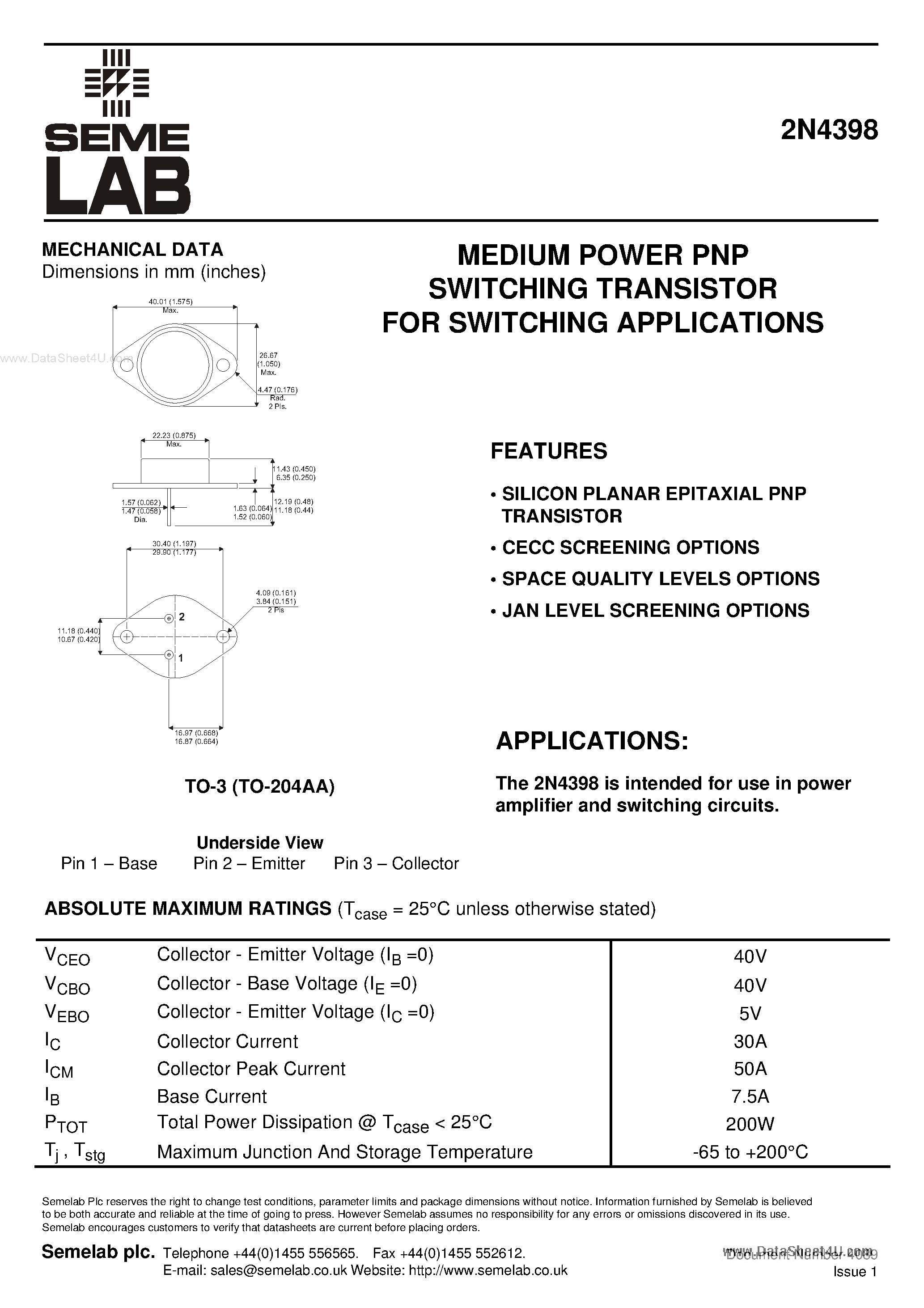 Datasheet 2N4398 - Medium Power PNP Switching Transistor page 1