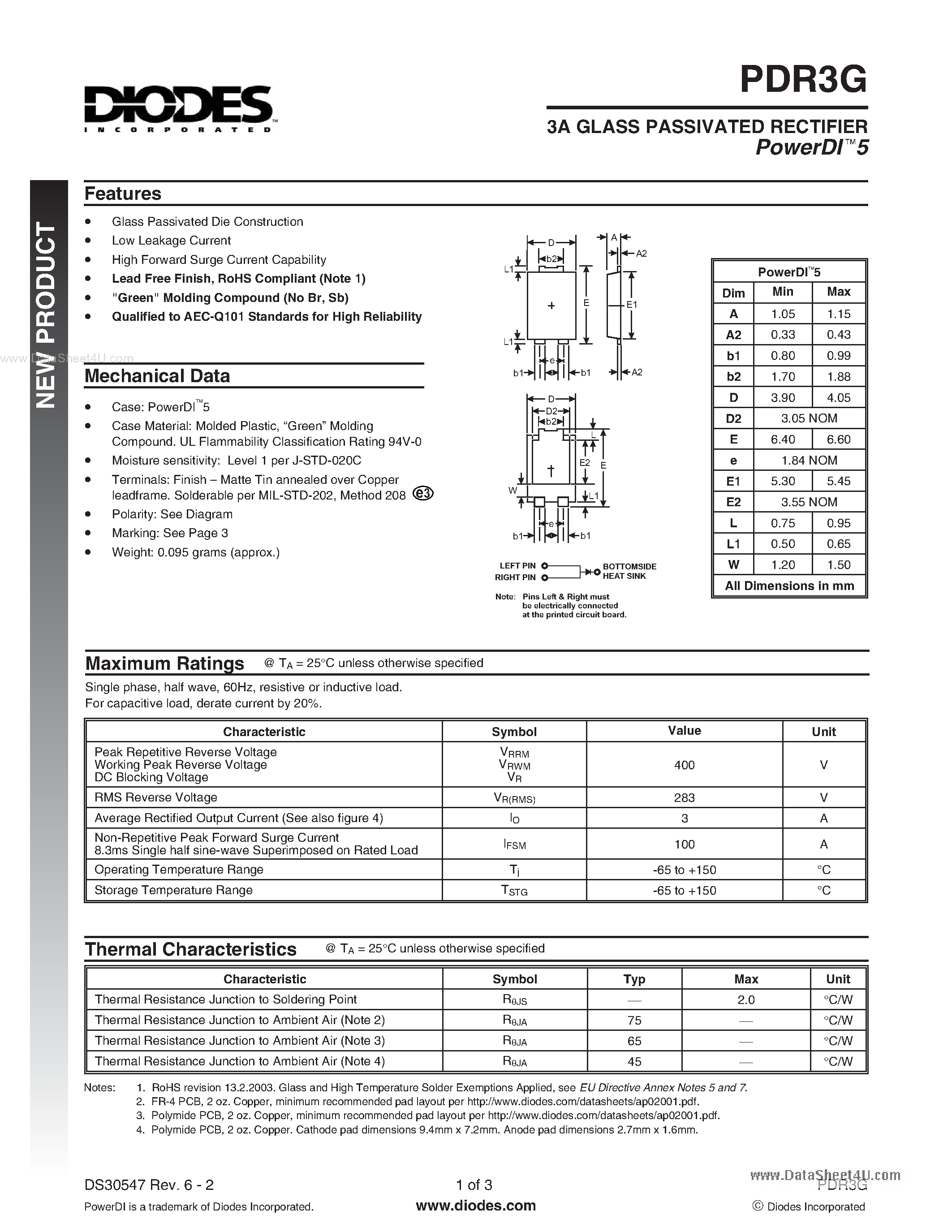 Даташит PDR3G - 3A GLASS PASSIVATED RECTIFIER страница 1