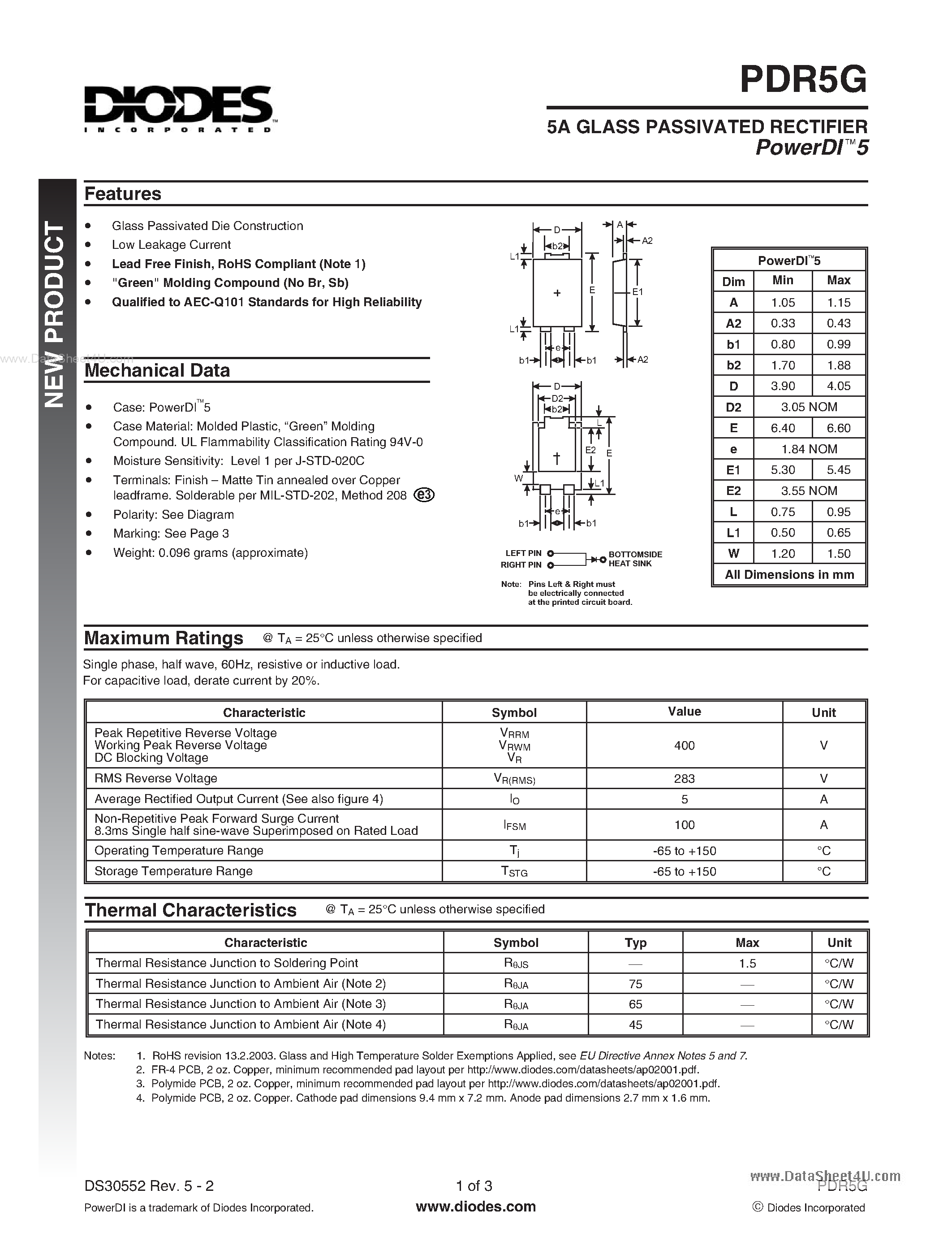 Даташит PDR5G - 5A GLASS PASSIVATED RECTIFIER страница 1