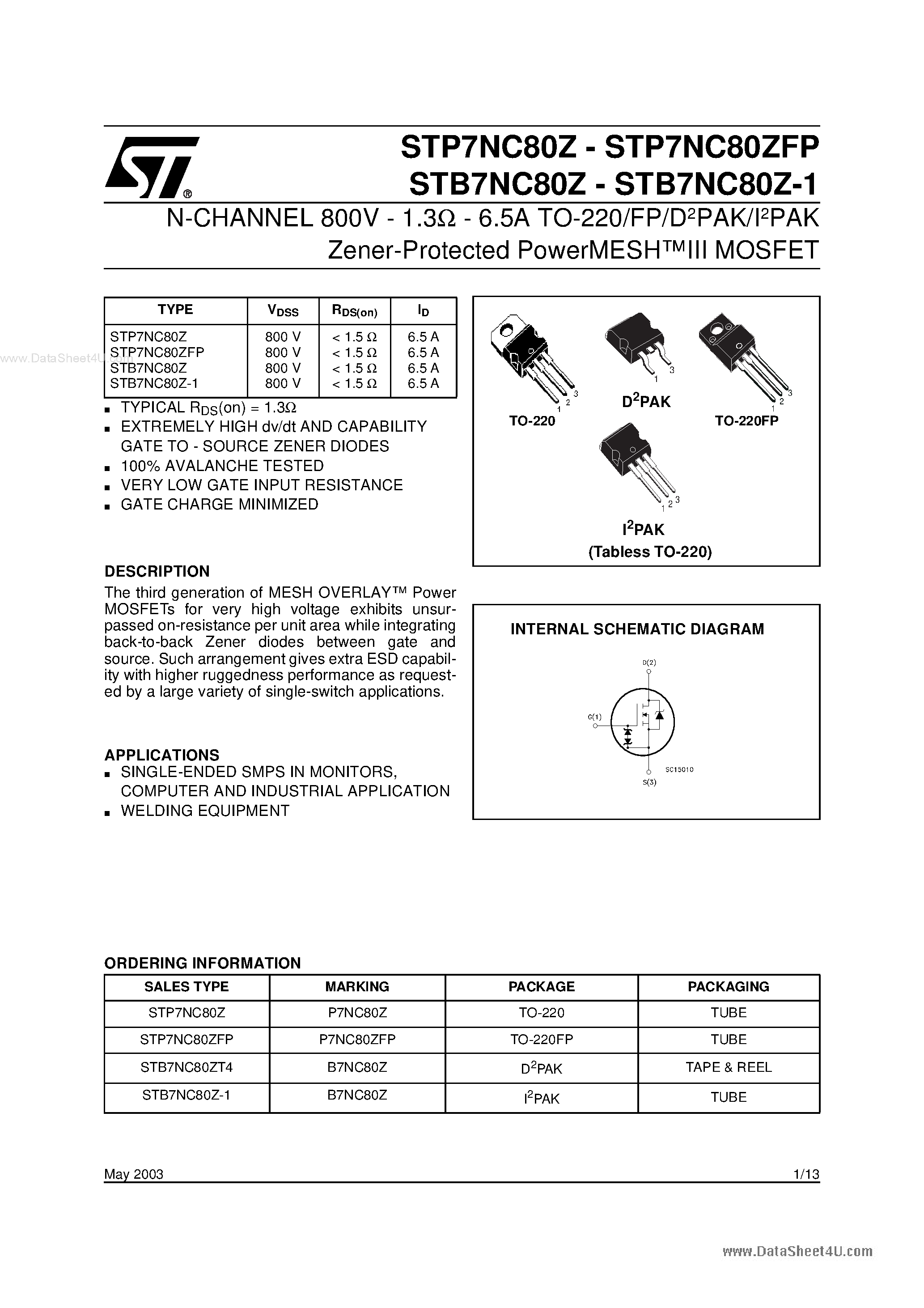 Datasheet 7NC80ZFP - Search -----> STP7NC80ZFP page 1